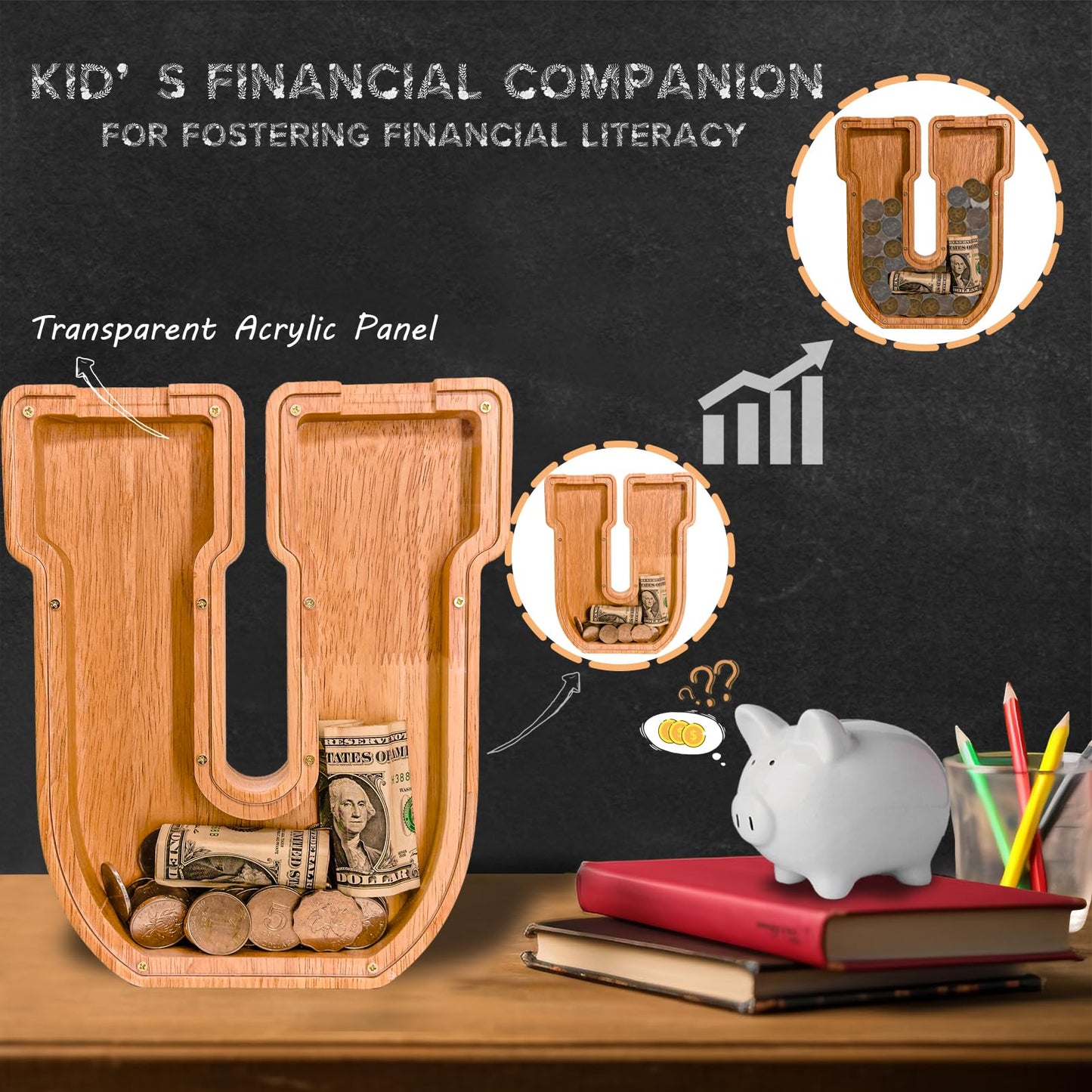 JOOMLAFLY Wooden Letter Piggy Bank – Personalized Initial Coin Bank for Kids