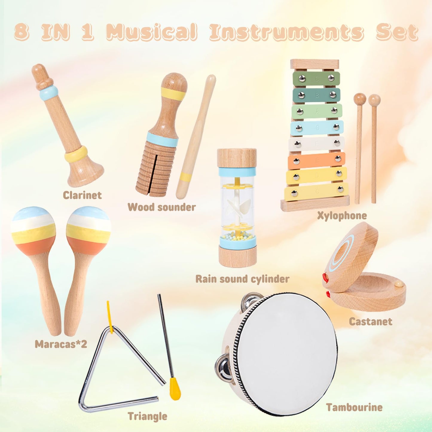 JOOMLAFLY 8-Piece Montessori Baby Musical Instrument Set for Toddlers 1-3 — Xylophone, Drum, Maracas & More