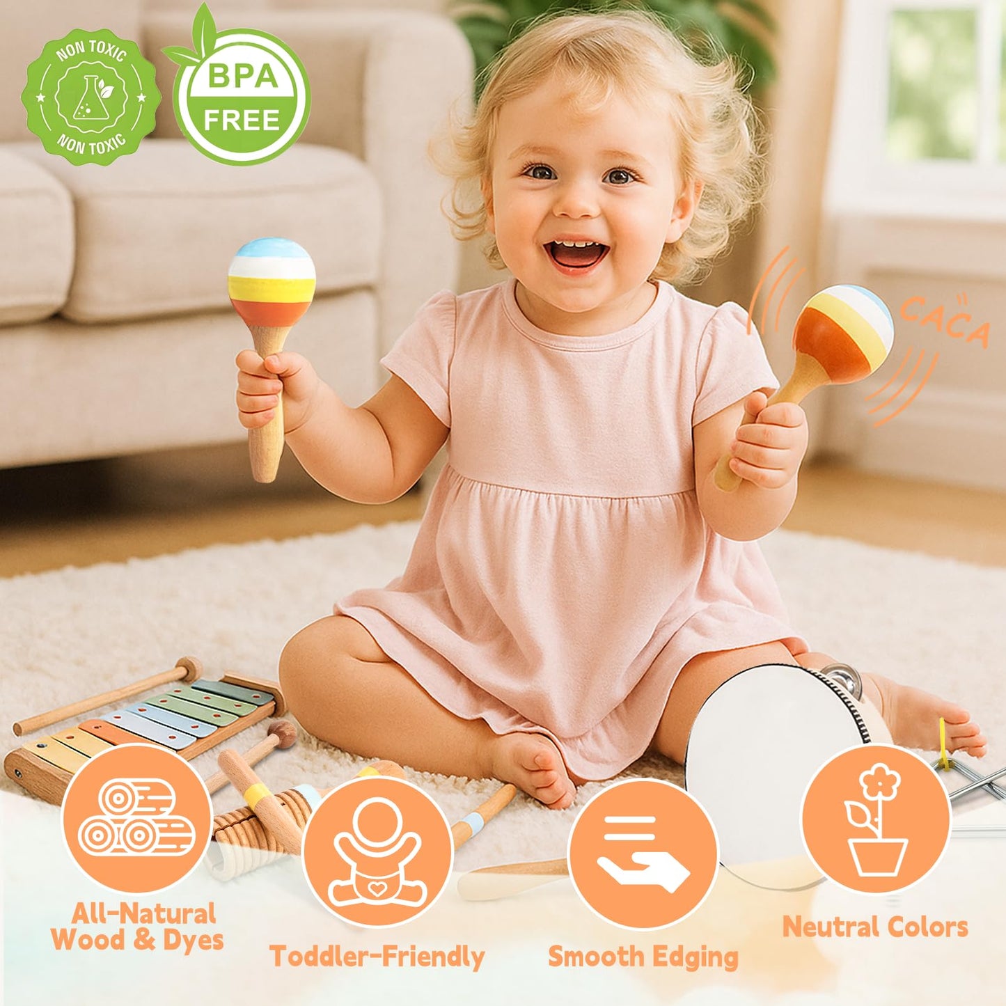 JOOMLAFLY 8-Piece Montessori Baby Musical Instrument Set for Toddlers 1-3 — Xylophone, Drum, Maracas & More