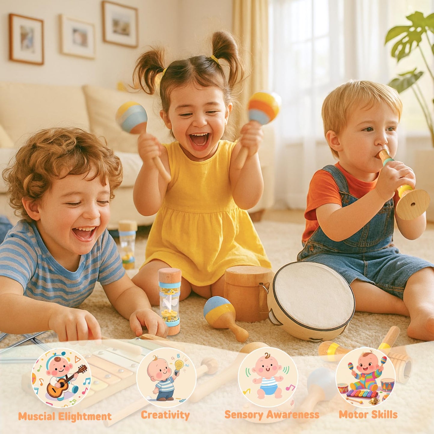 JOOMLAFLY 8-Piece Montessori Baby Musical Instrument Set for Toddlers 1-3 — Xylophone, Drum, Maracas & More