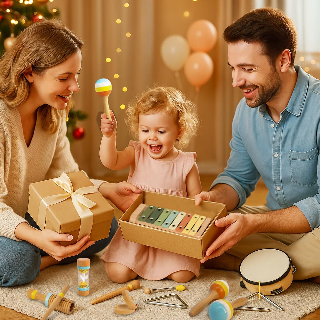 JOOMLAFLY 8-Piece Montessori Baby Musical Instrument Set for Toddlers 1-3 — Xylophone, Drum, Maracas & More