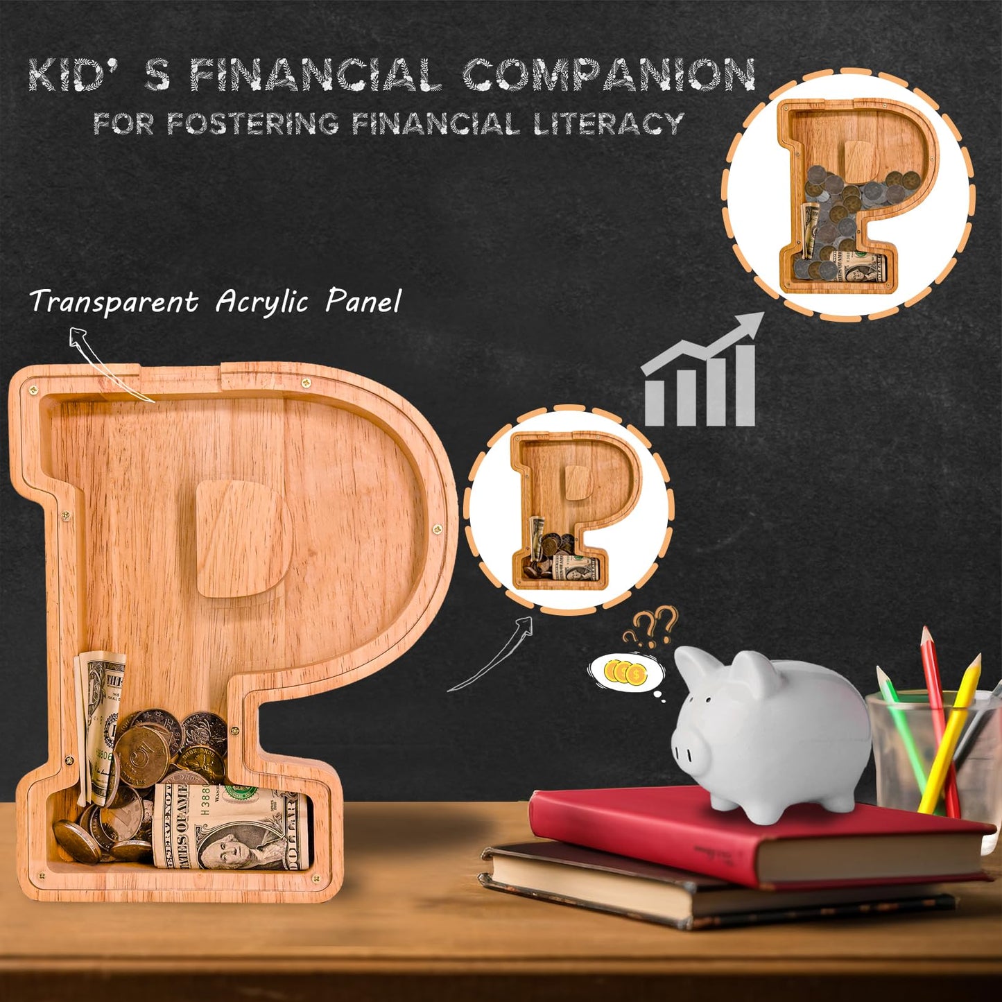 JOOMLAFLY Wooden Letter Piggy Bank – Personalized Initial Coin Bank for Kids
