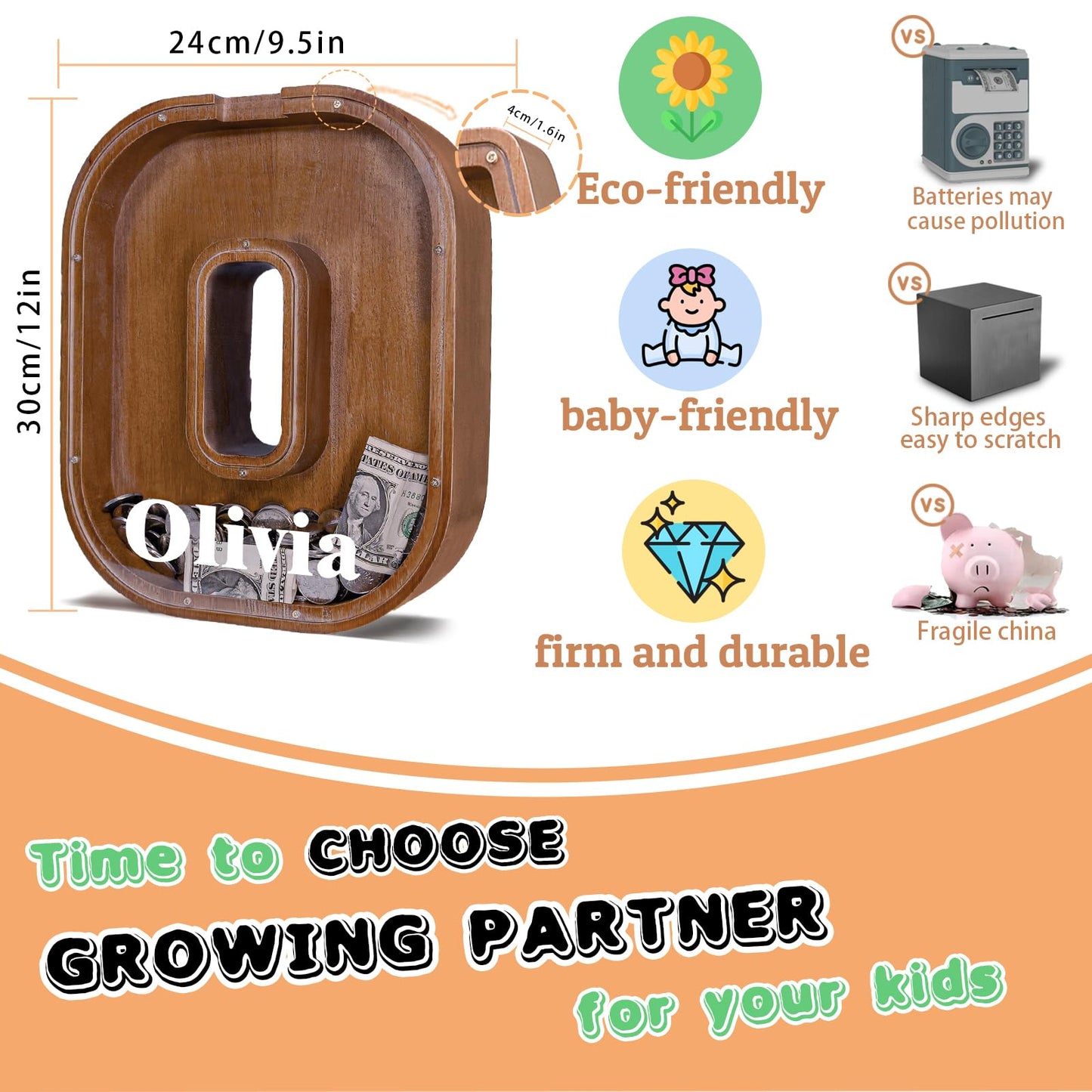 JOOMLAFLY Wooden Letter Piggy Bank – Personalized 12-Inch Coin Bank for Kids