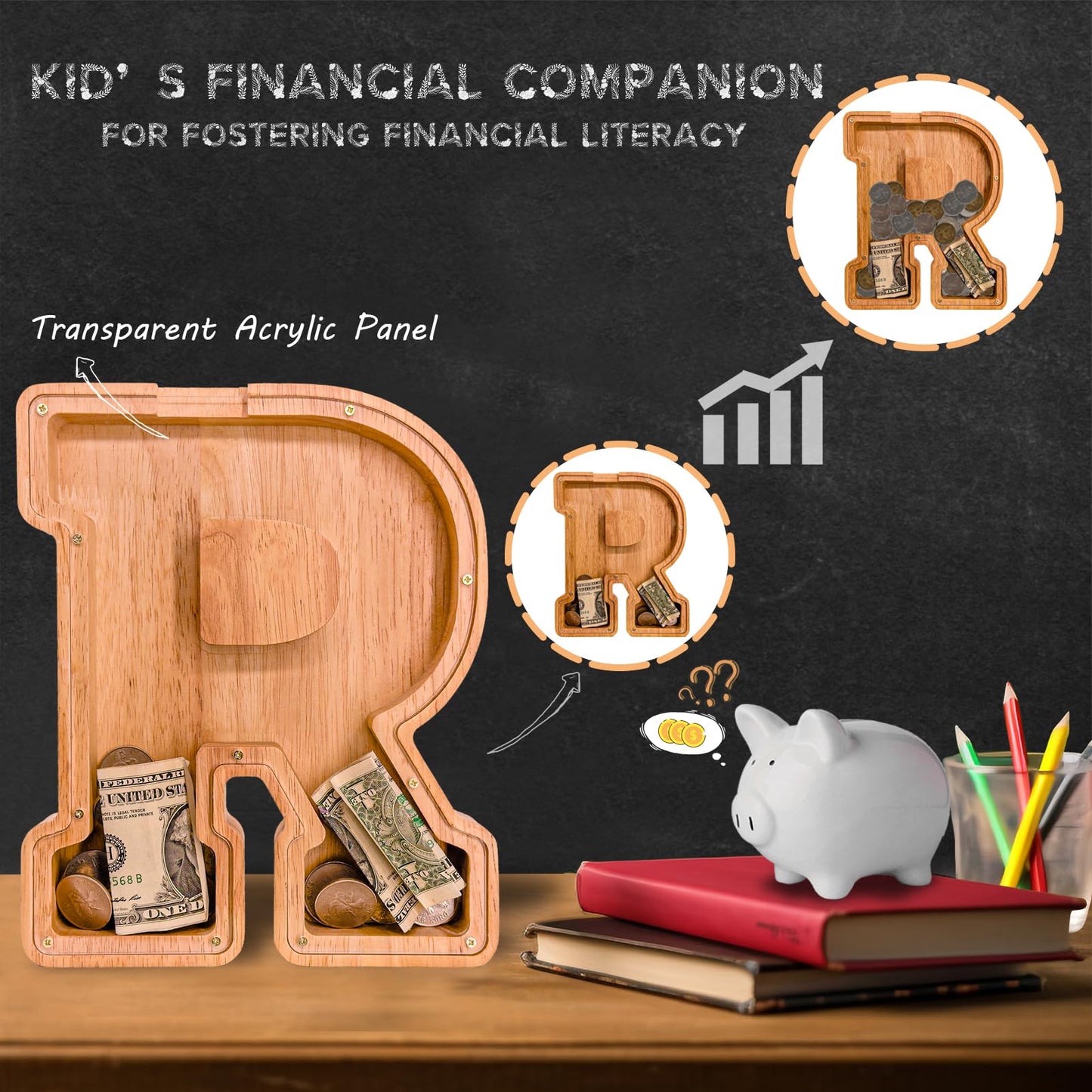 JOOMLAFLY Wooden Letter Piggy Bank – Large Personalized Initial Coin Bank for Kids
