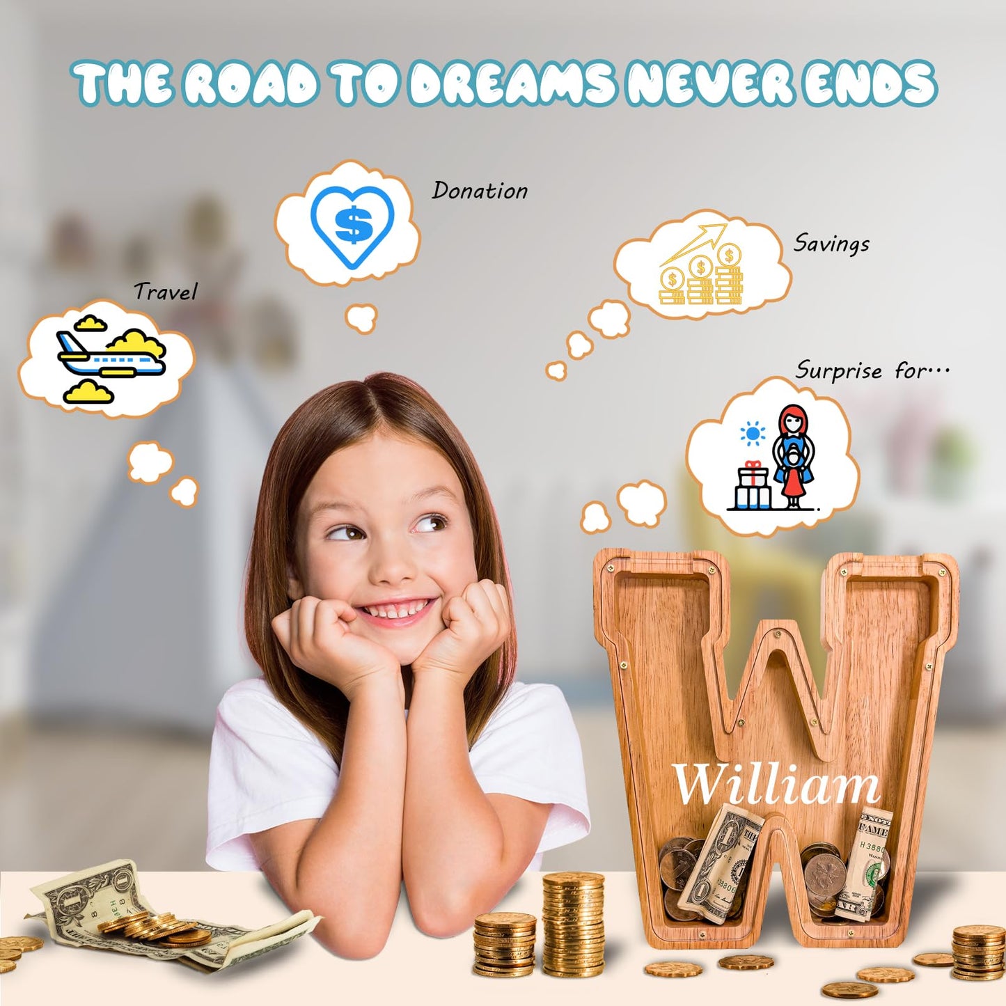 JOOMLAFLY Wooden Letter Piggy Bank – Personalized Initial Coin Bank for Kids