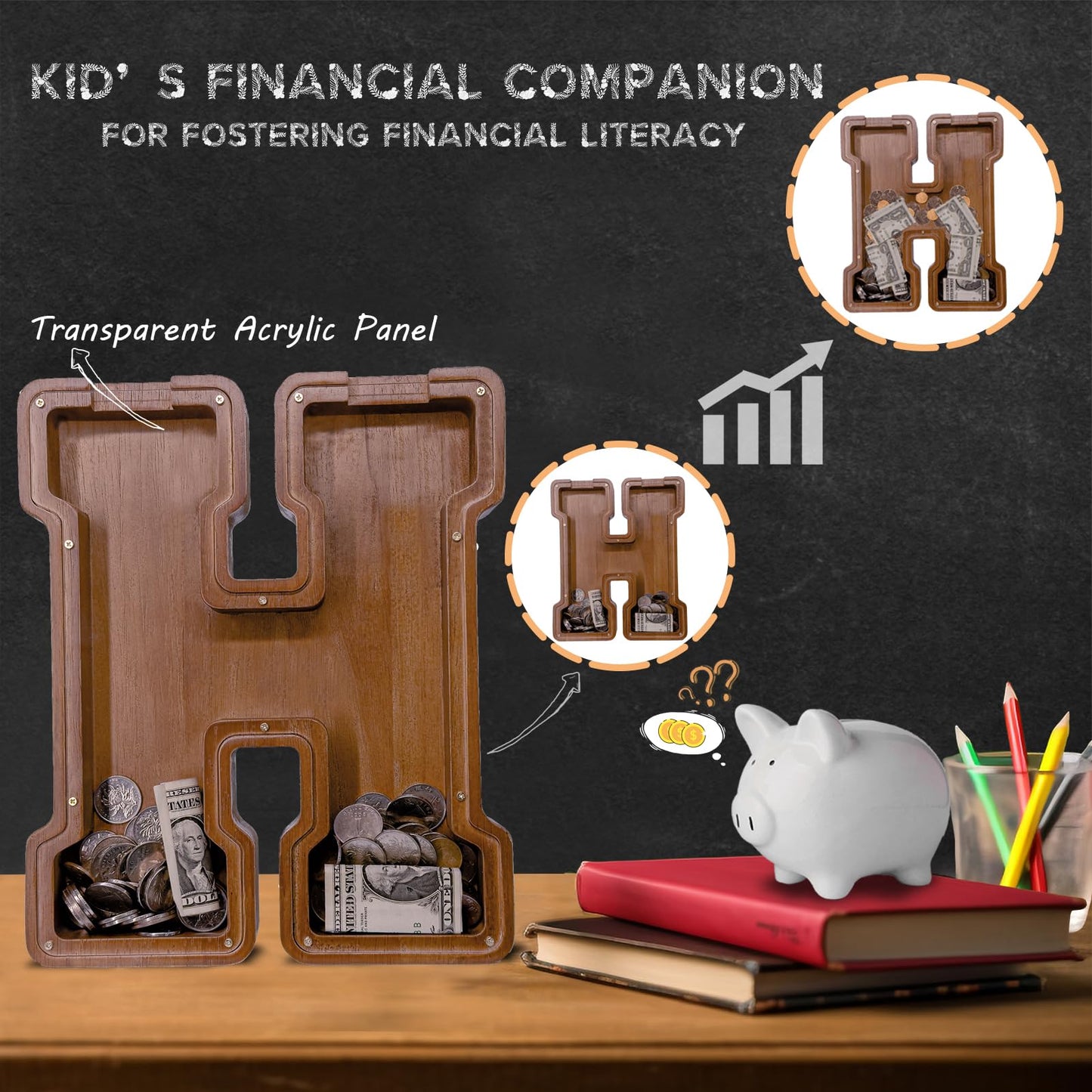 JOOMLAFLY Wooden Letter Piggy Bank – Large Initial Coin Bank for Kids