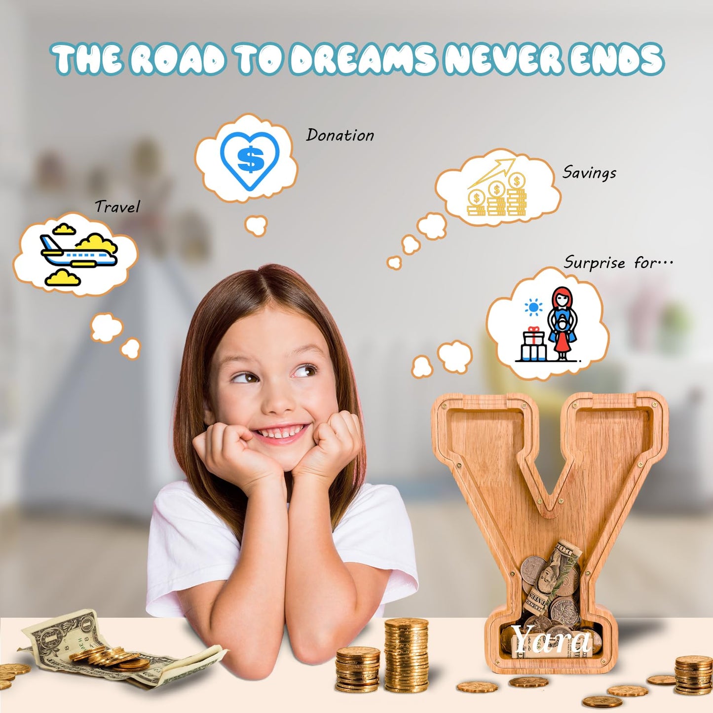 JOOMLAFLY Wooden Letter Piggy Bank — Personalized Initial Coin Bank for Kids