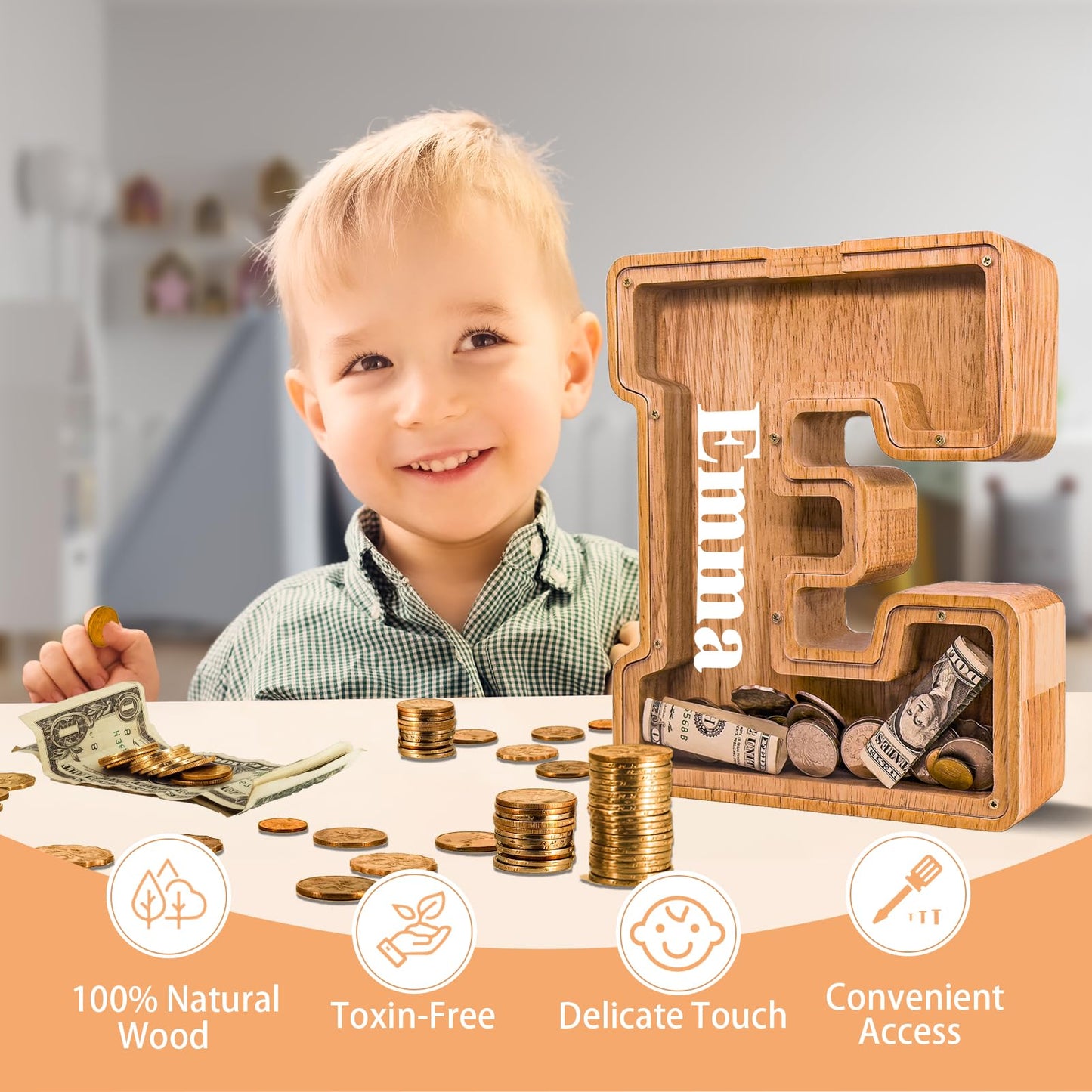 JOOMLAFLY Wooden Letter Piggy Bank – 9-Inch Initial Coin Bank for Kids