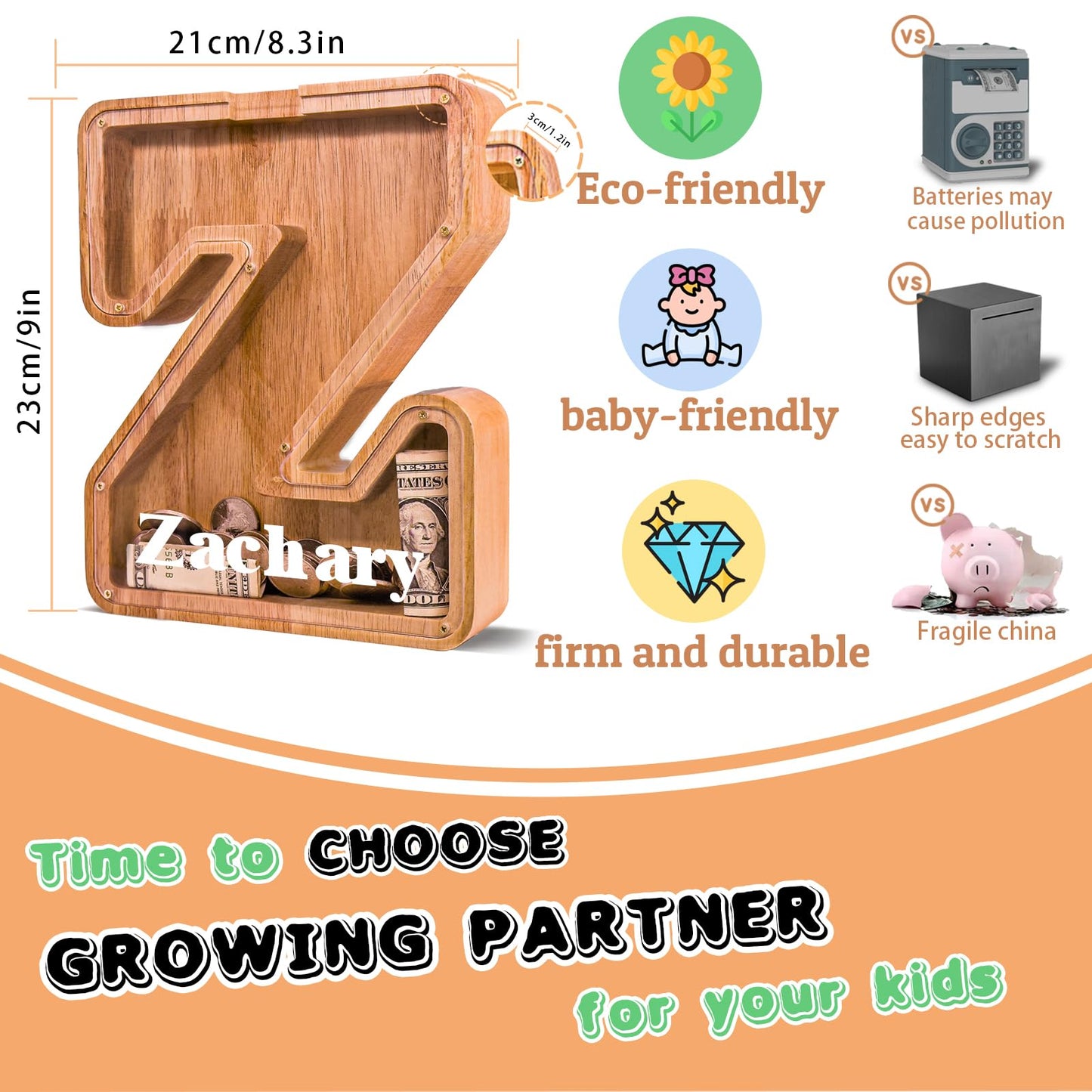 JOOMLAFLY Wooden Letter Piggy Bank — Large Initial Coin Bank for Kids, Personalized Gift