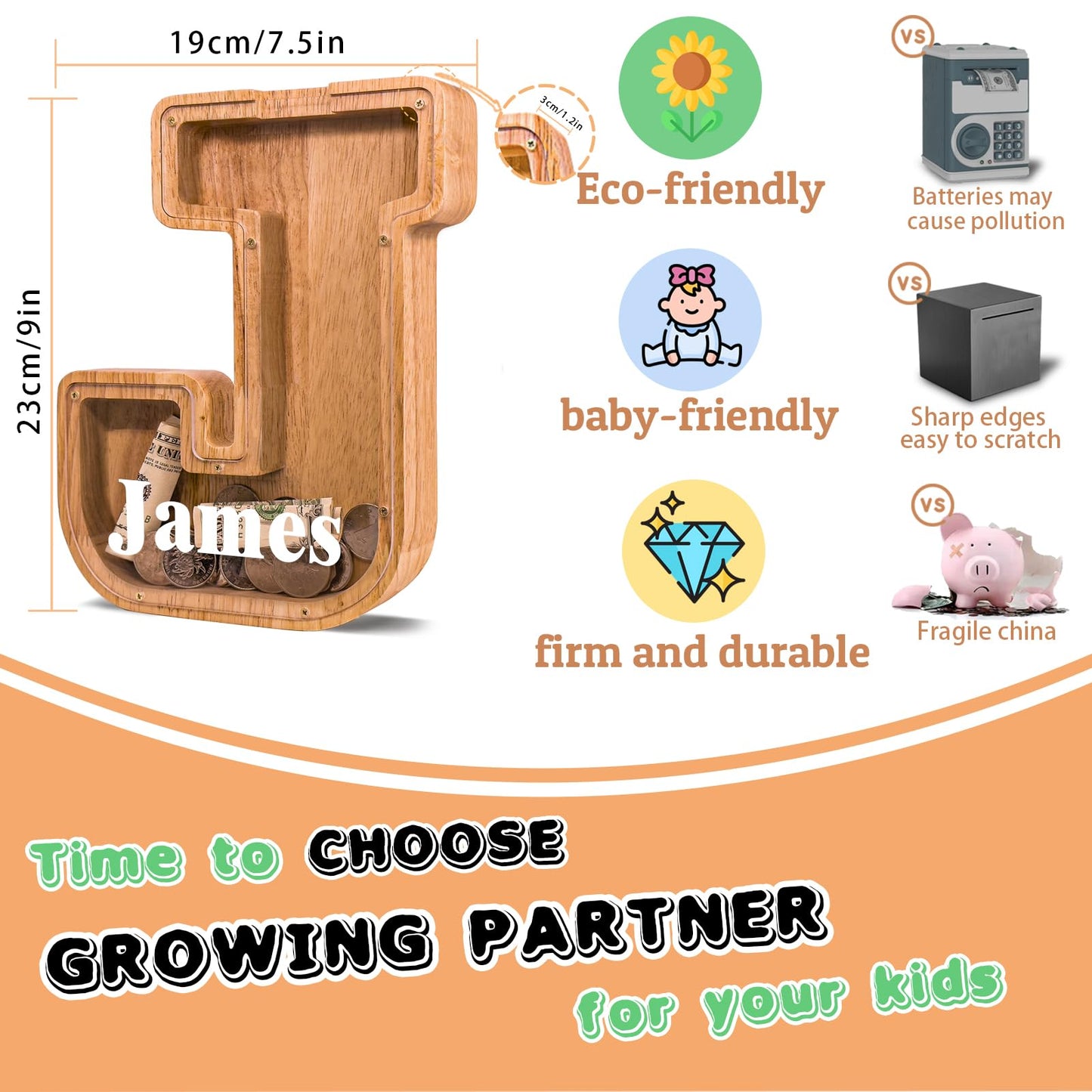 JOOMLAFLY Wooden Letter Piggy Bank - Personalized Alphabet Coin Bank for Kids