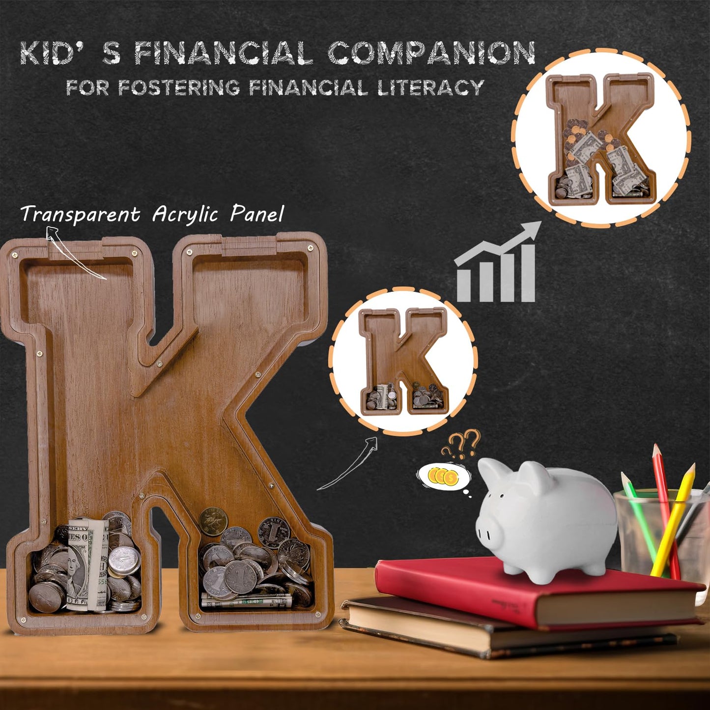 JOOMLAFLY Wooden Letter Piggy Bank – Personalized Initial Coin Bank for Kids