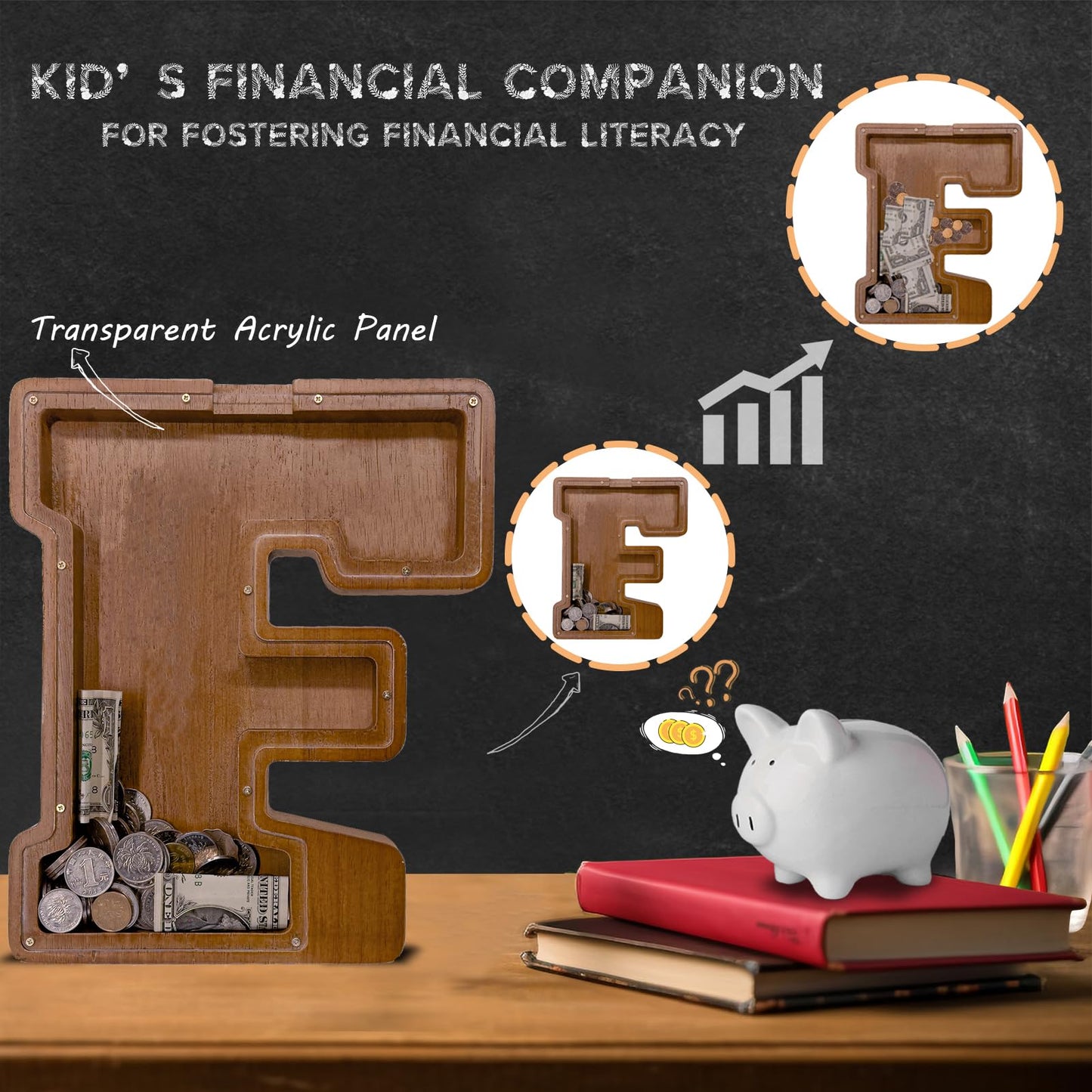 JOOMLAFLY Wooden Letter Piggy Bank – Personalized Initial Coin Bank for Kids