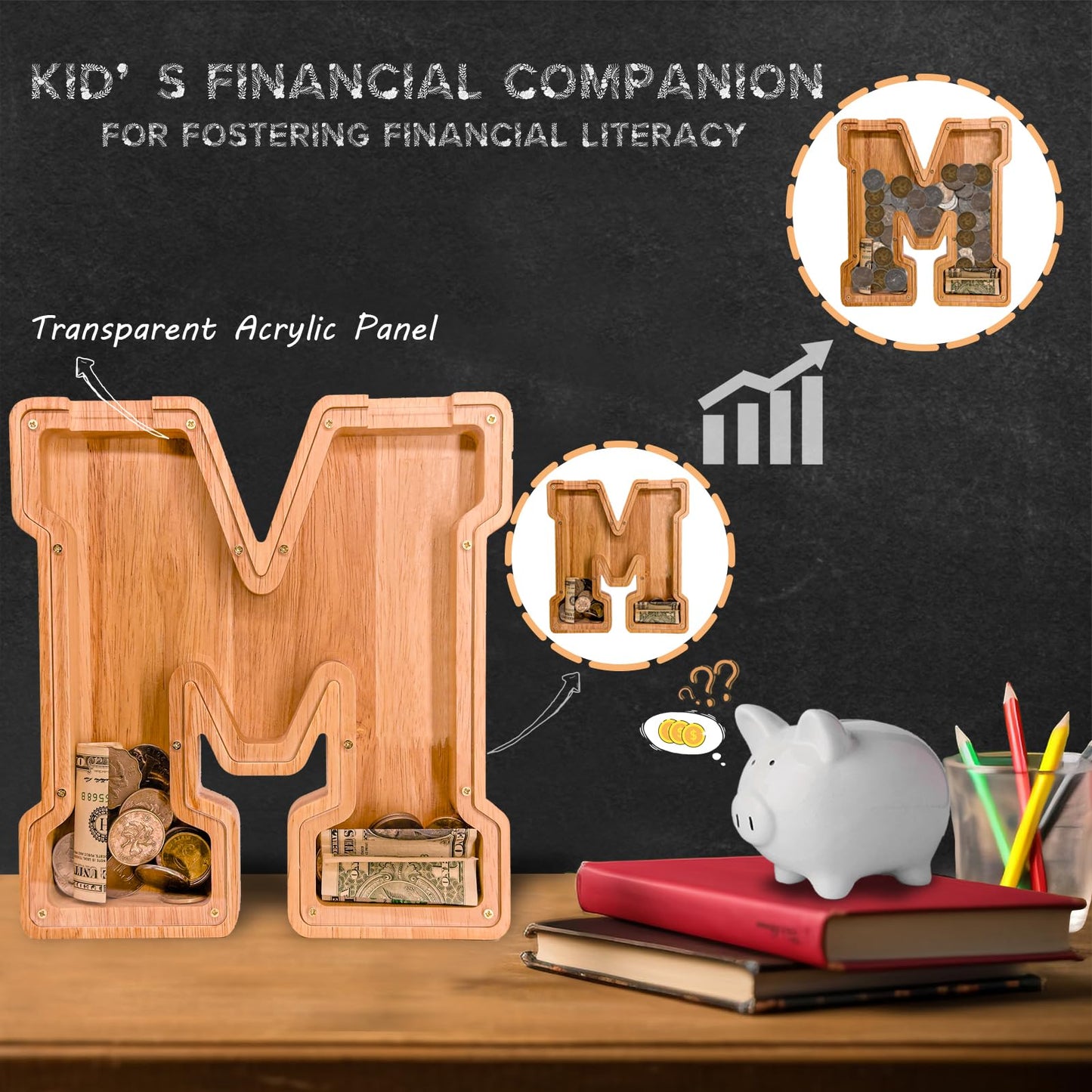 JOOMLAFLY Wooden Letter Piggy Bank – Large Customizable Initial Bank for Kids