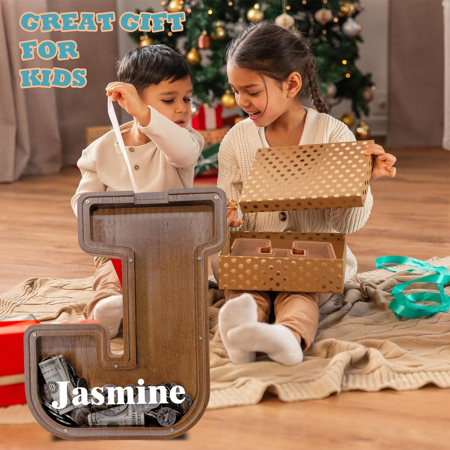 JOOMLAFLY Wooden Letter Piggy Bank – Personalized Initial Coin Bank for Kids
