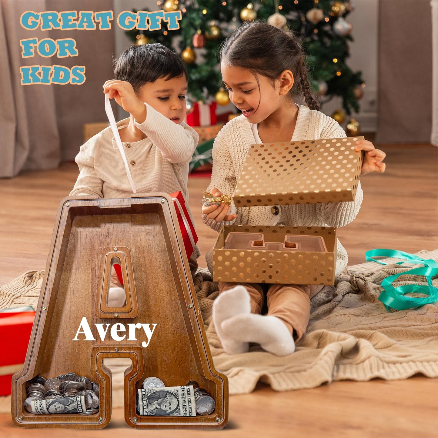 JOOMLAFLY Wooden Letter Piggy Bank – Personalized 12-Inch Initial Coin Bank for Kids