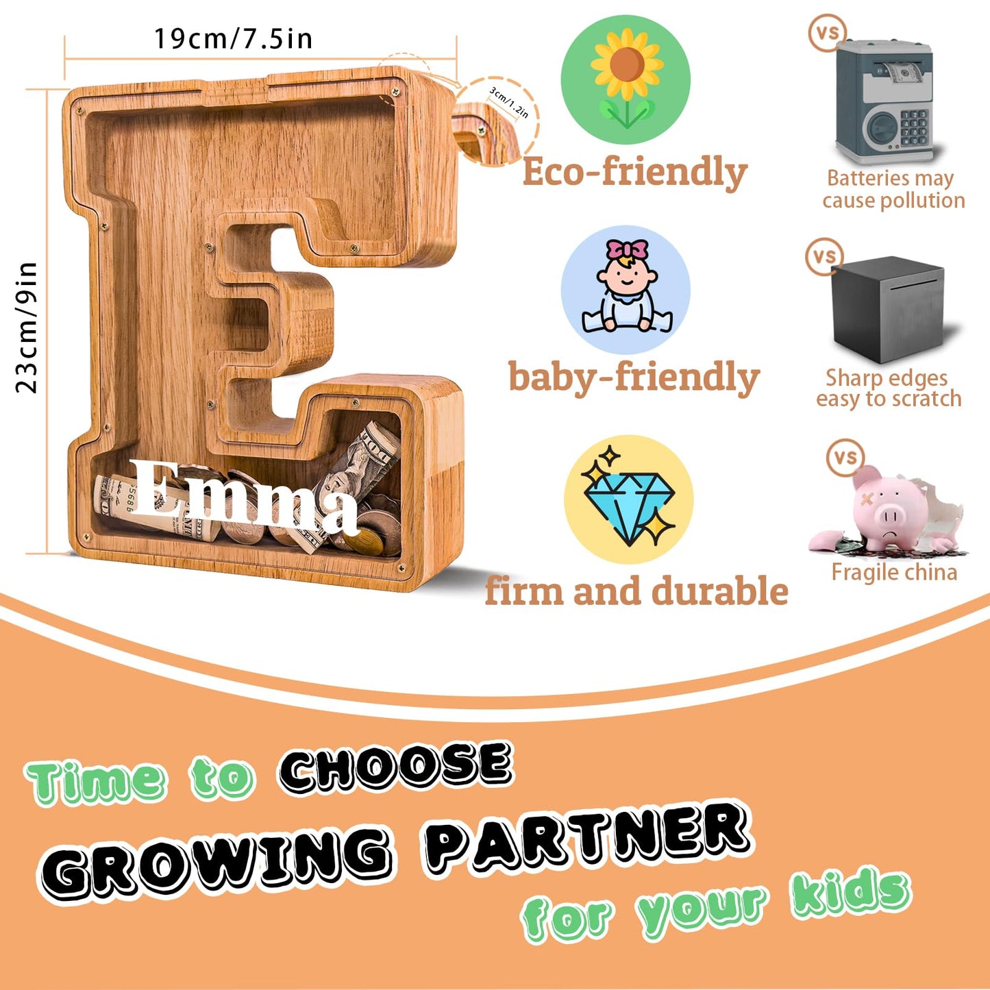 JOOMLAFLY Wooden Letter Piggy Bank – 9-Inch Initial Coin Bank for Kids