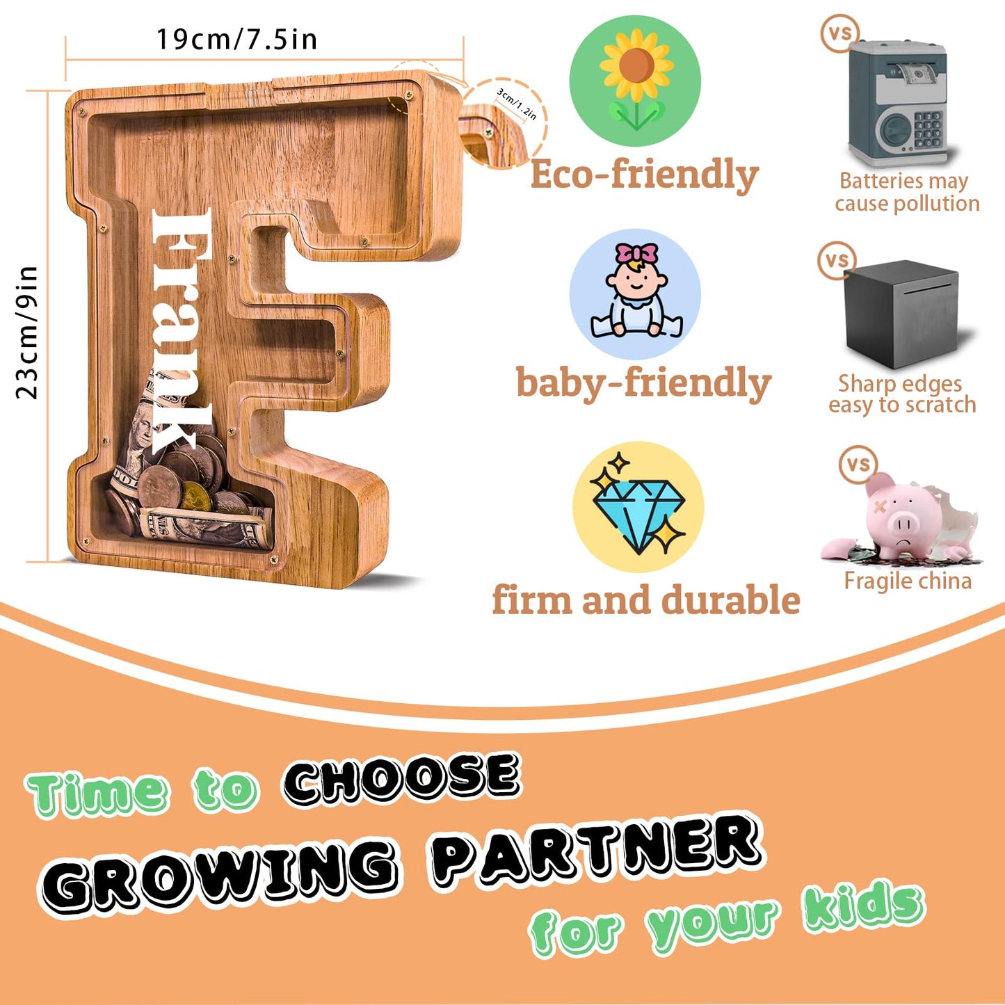 JOOMLAFLY Wooden Letter Piggy Bank for Kids — Personalized Initial Coin Bank
