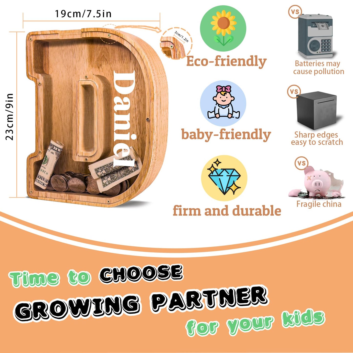 JOOMLAFLY Wooden Letter Piggy Bank – Large Initial Coin Bank for Kids, Personalized Gift