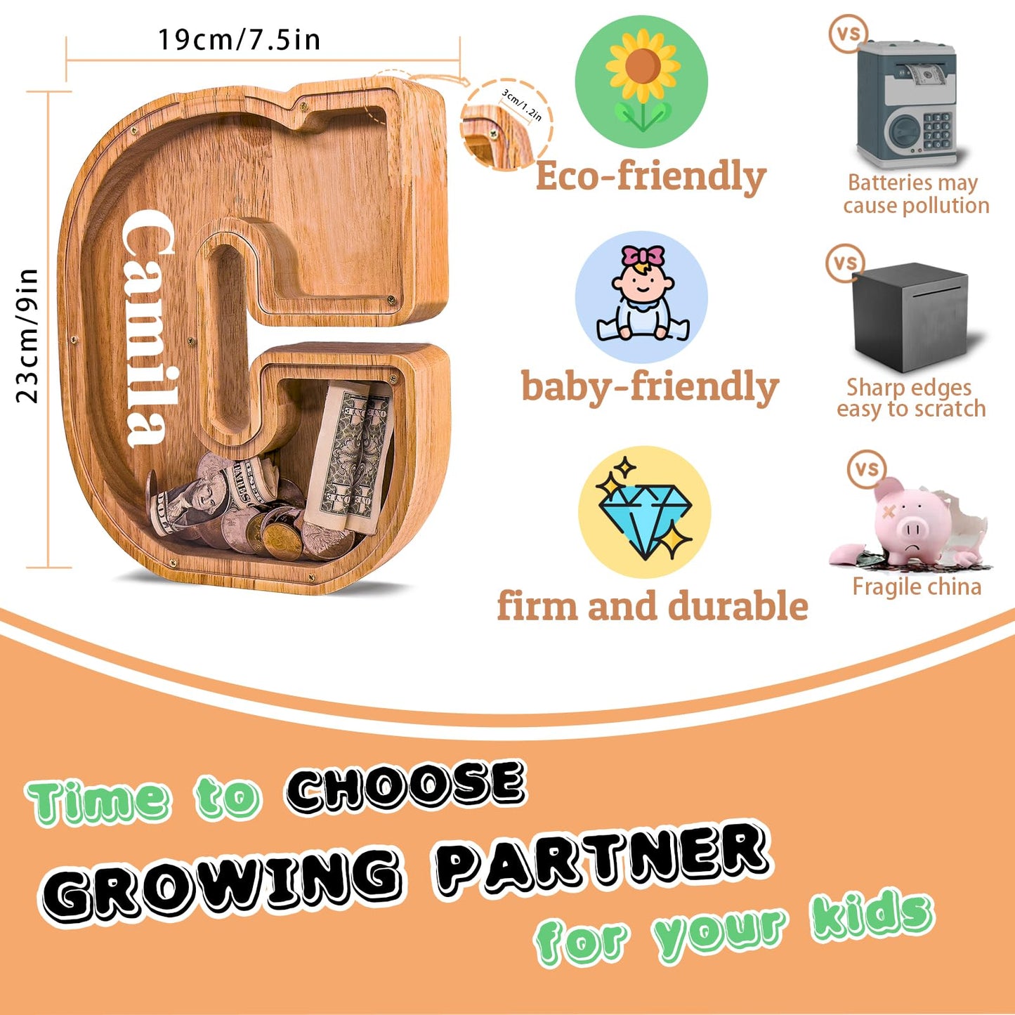 JOOMLAFLY Wooden Letter Piggy Bank — Large Initial Coin Bank for Kids, Personalized Gift