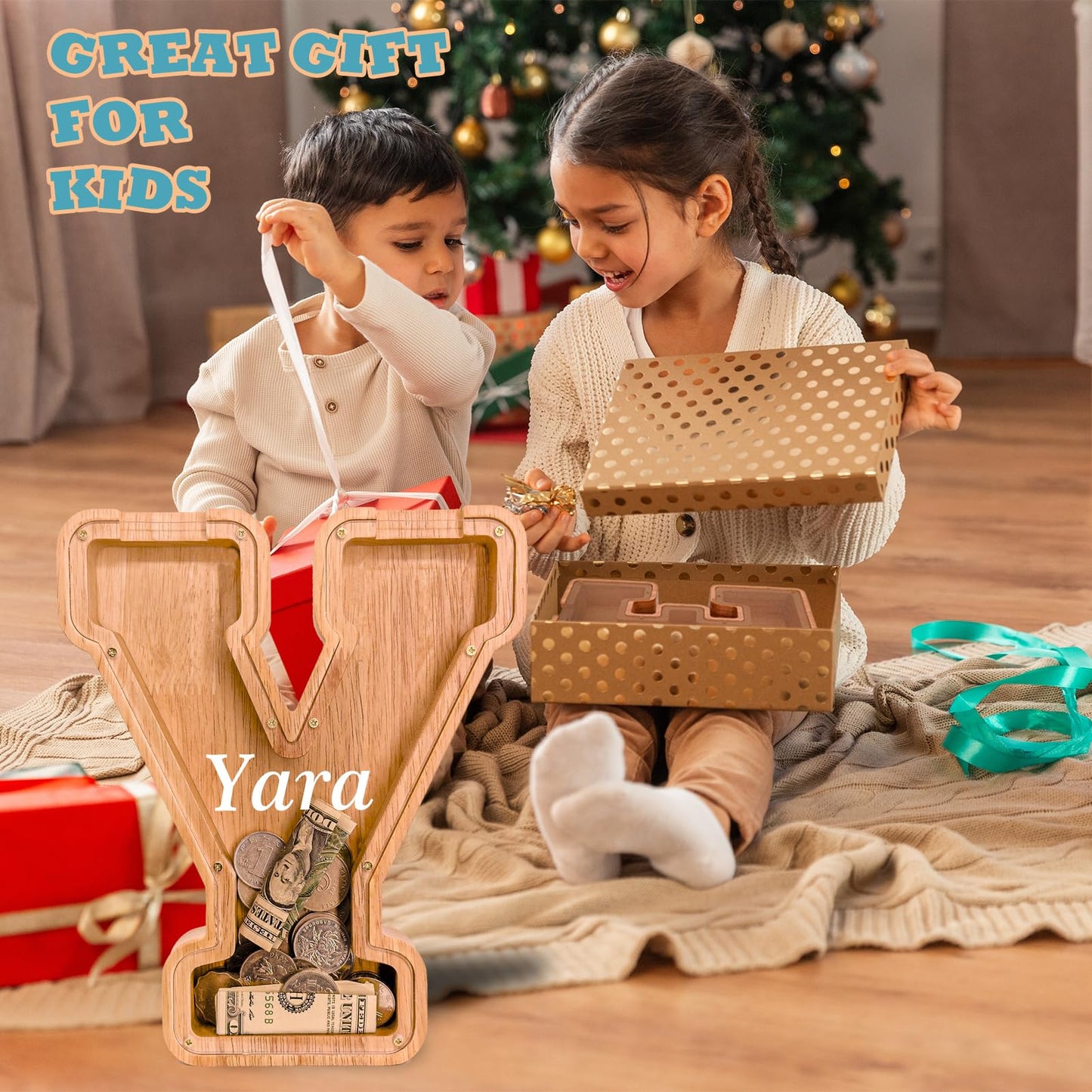 JOOMLAFLY Wooden Letter Piggy Bank — Personalized Initial Coin Bank for Kids