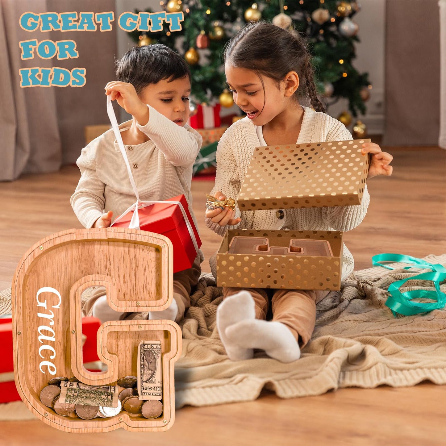 JOOMLAFLY Wooden Letter Piggy Bank – Personalized Initial Coin Bank for Kids