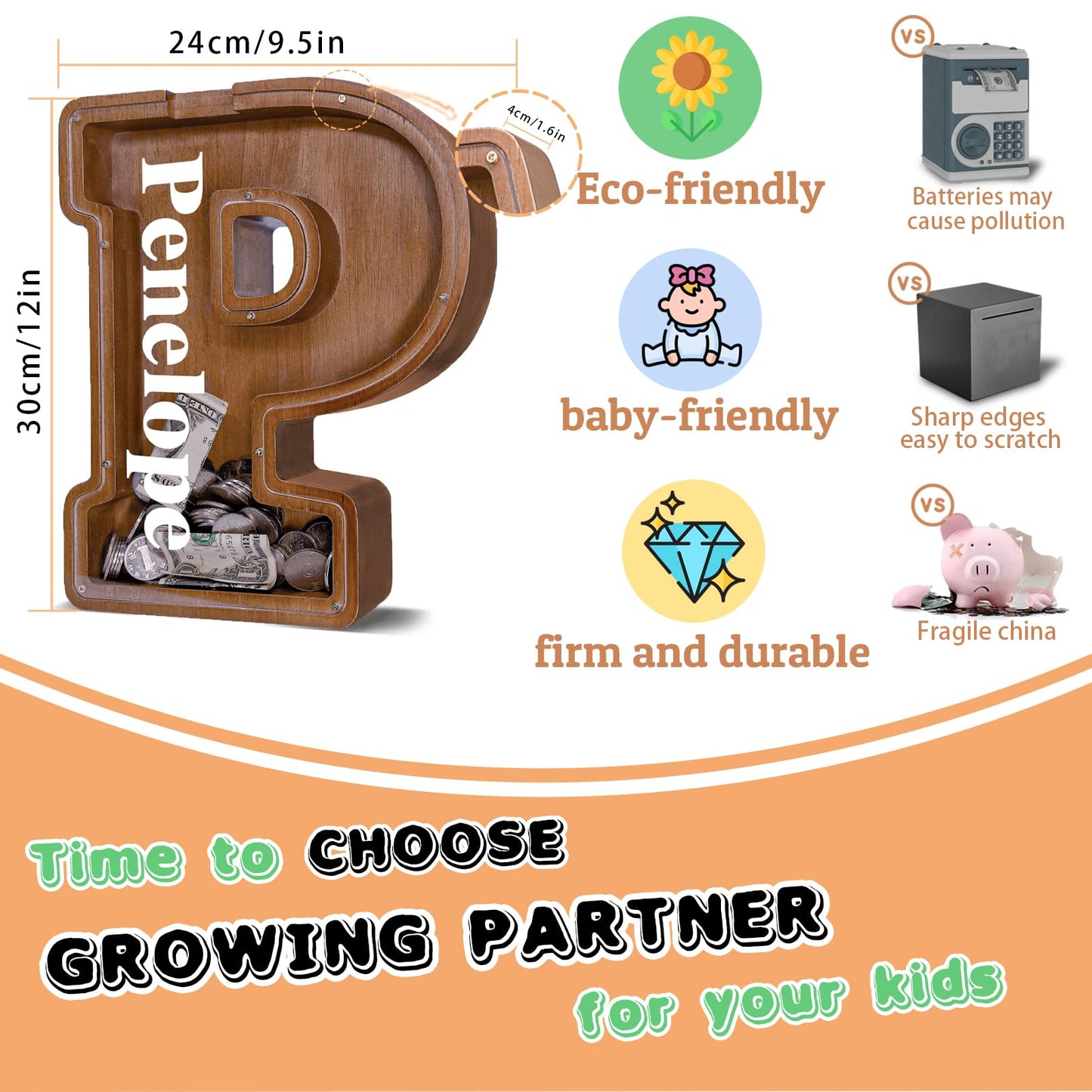 JOOMLAFLY Wooden Letter Piggy Bank – Large 12-Inch Personalized Alphabet Coin Bank