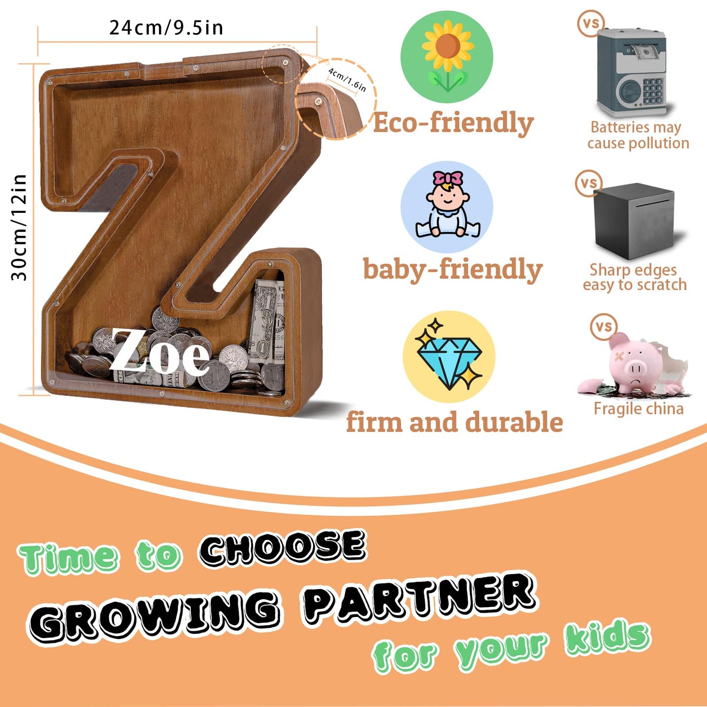 JOOMLAFLY Wooden Letter Piggy Bank for Kids — Personalizable 12-Inch Initial Coin Bank