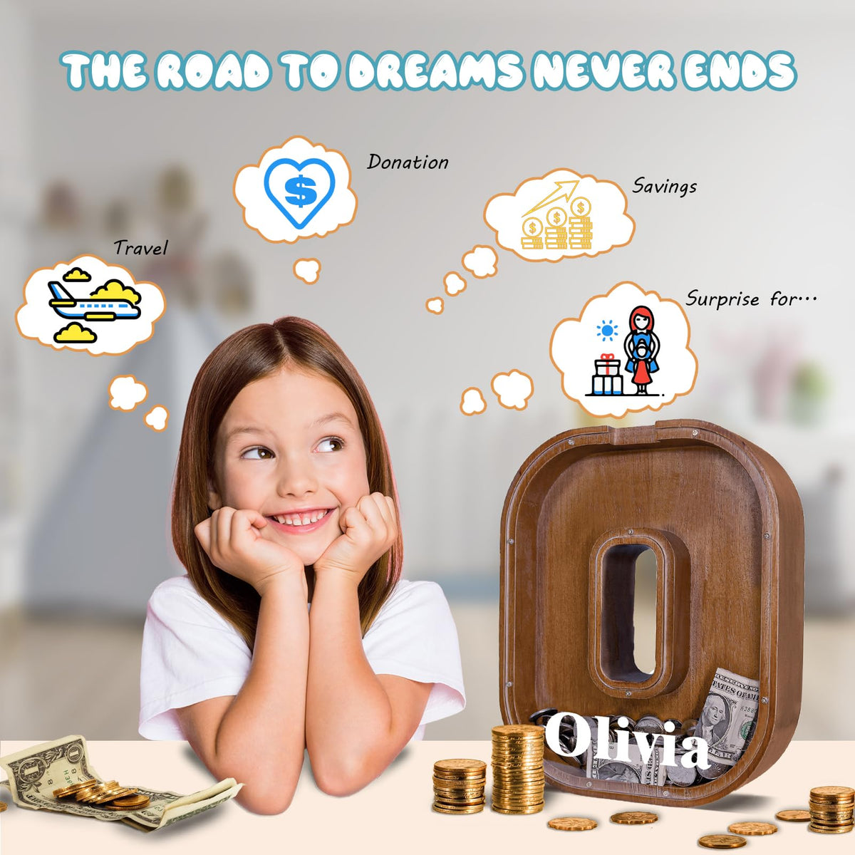 JOOMLAFLY Wooden Letter Piggy Bank – Personalized 12-Inch Coin Bank for Kids