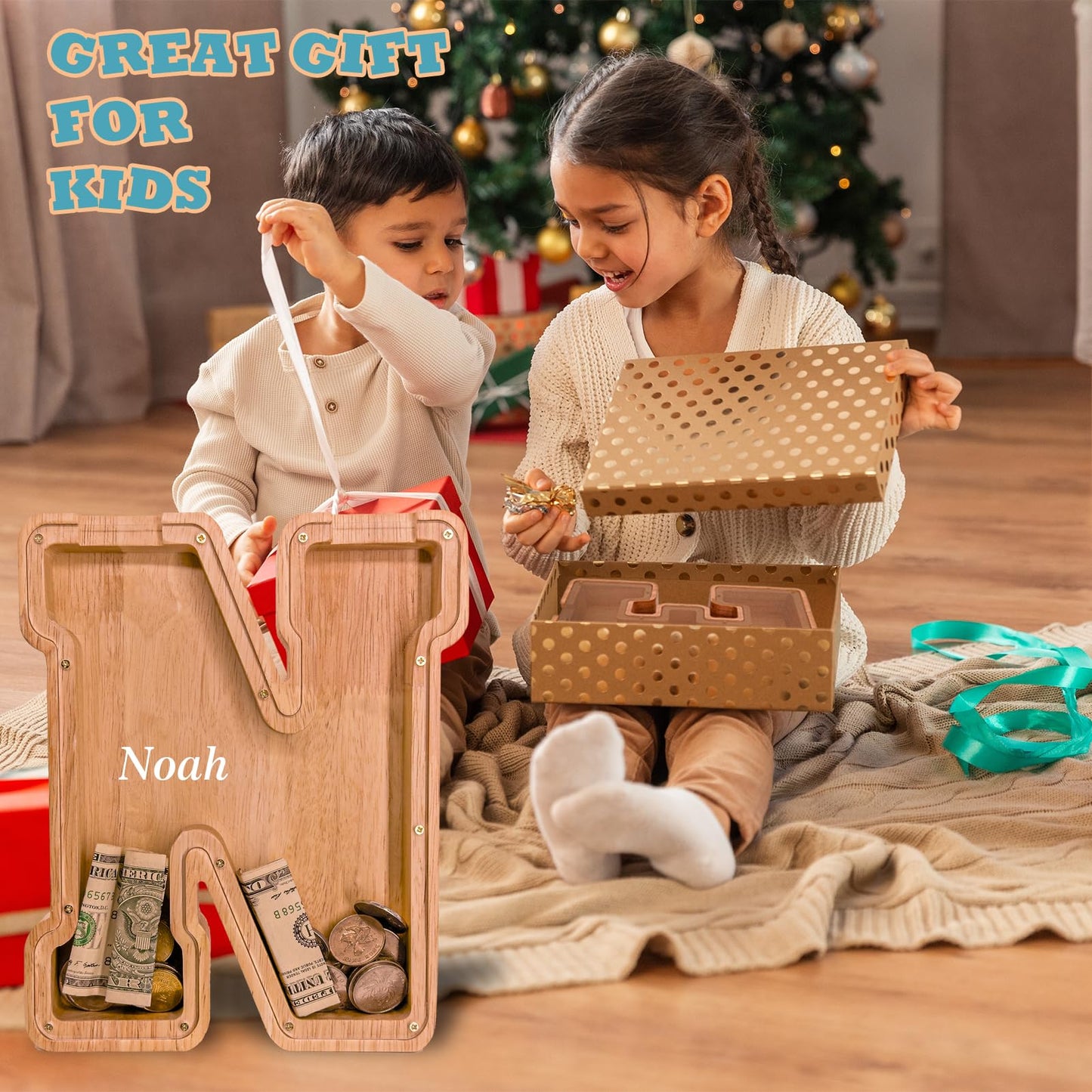 JOOMLAFLY Wooden Letter Piggy Bank for Kids — Large Initial Coin Bank in Eco Wood, Personalized Gift