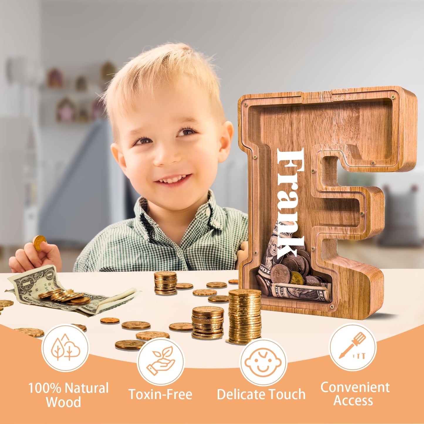 JOOMLAFLY Wooden Letter Piggy Bank for Kids — Personalized Initial Coin Bank