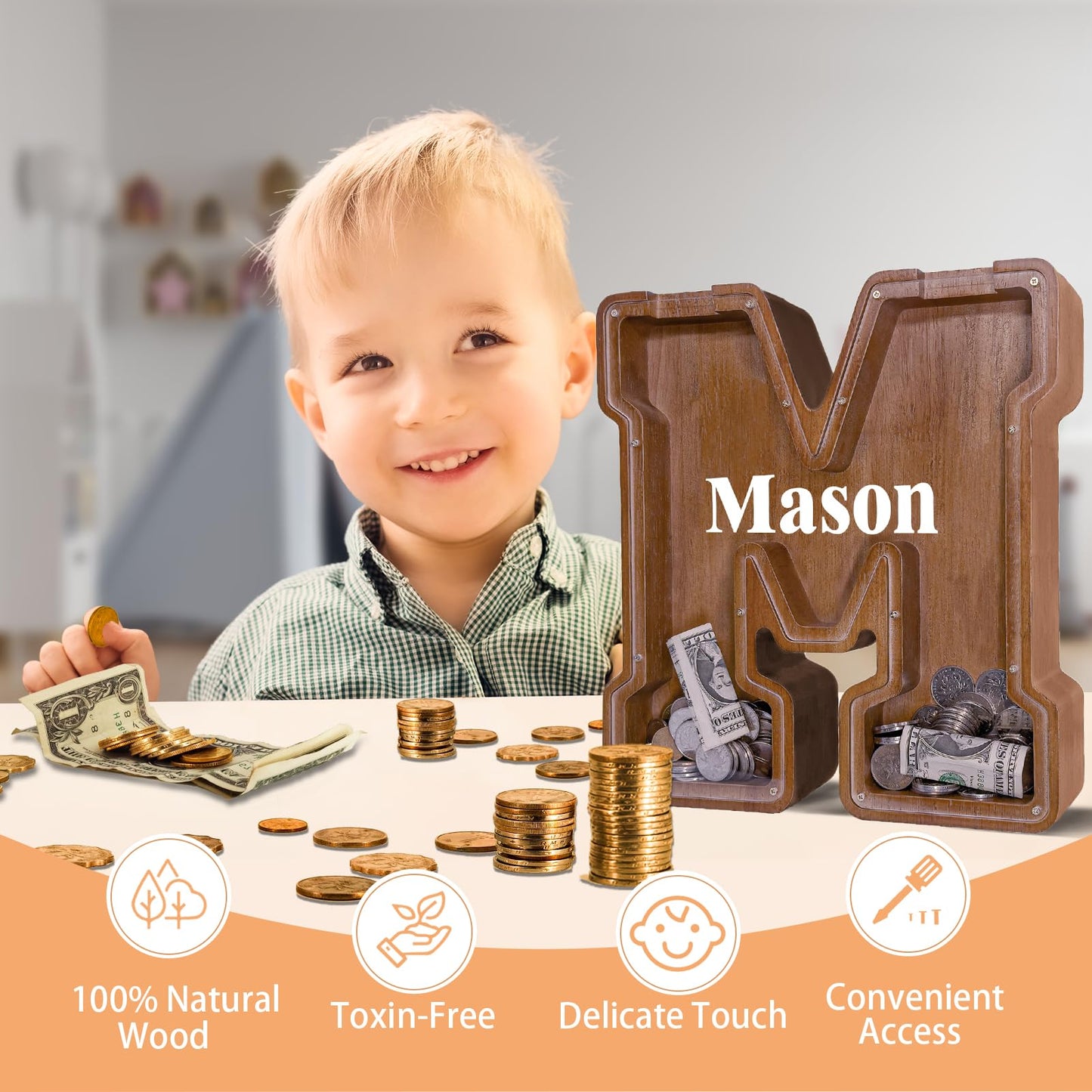 JOOMLAFLY Wooden Letter Piggy Bank – Personalized 12-Inch Initial Coin Bank for Kids