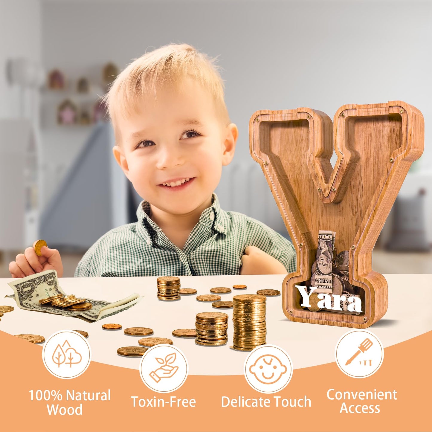 JOOMLAFLY Wooden Letter Piggy Bank — Personalized Initial Coin Bank for Kids