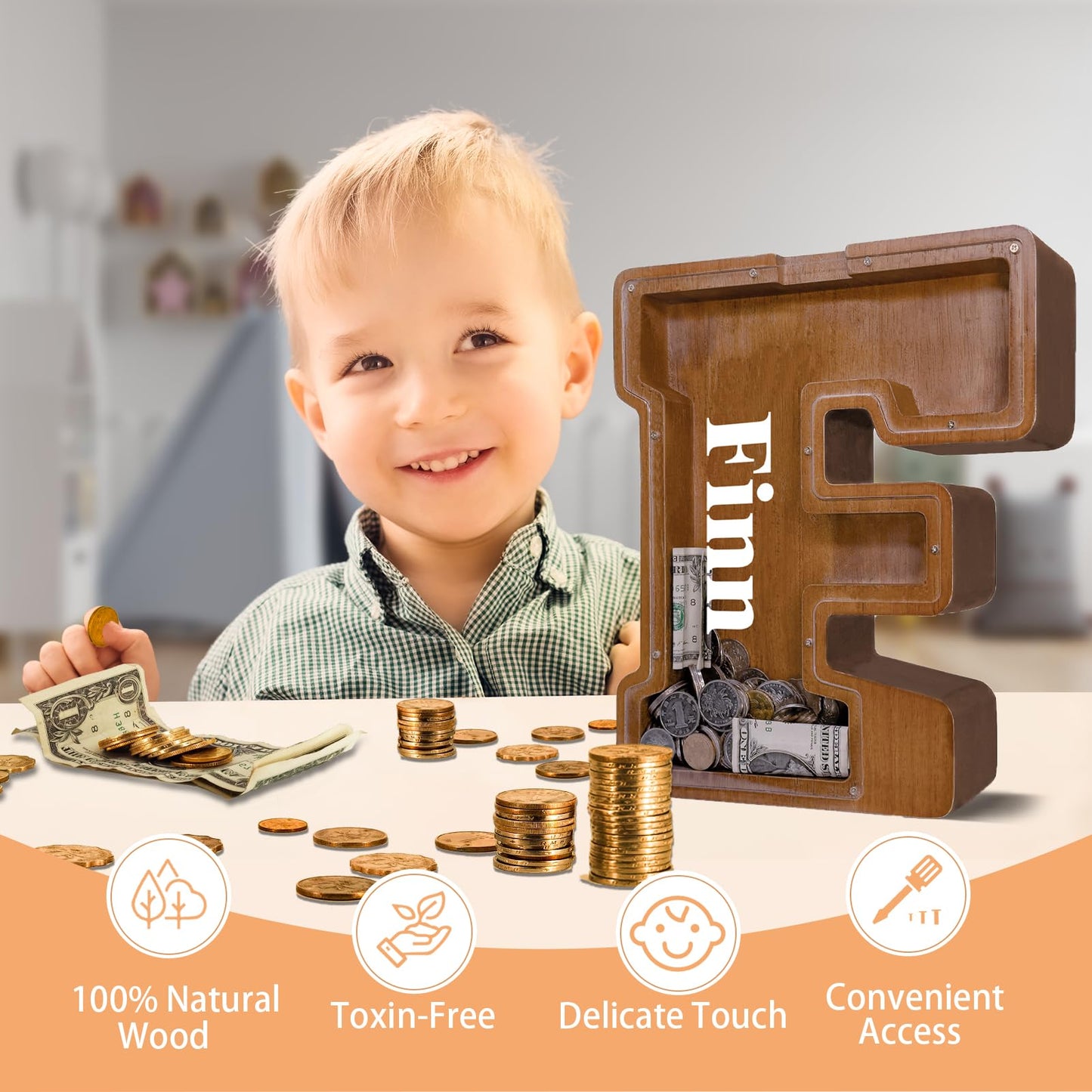 JOOMLAFLY Wooden Letter Piggy Bank – Personalized Initial Coin Bank for Kids