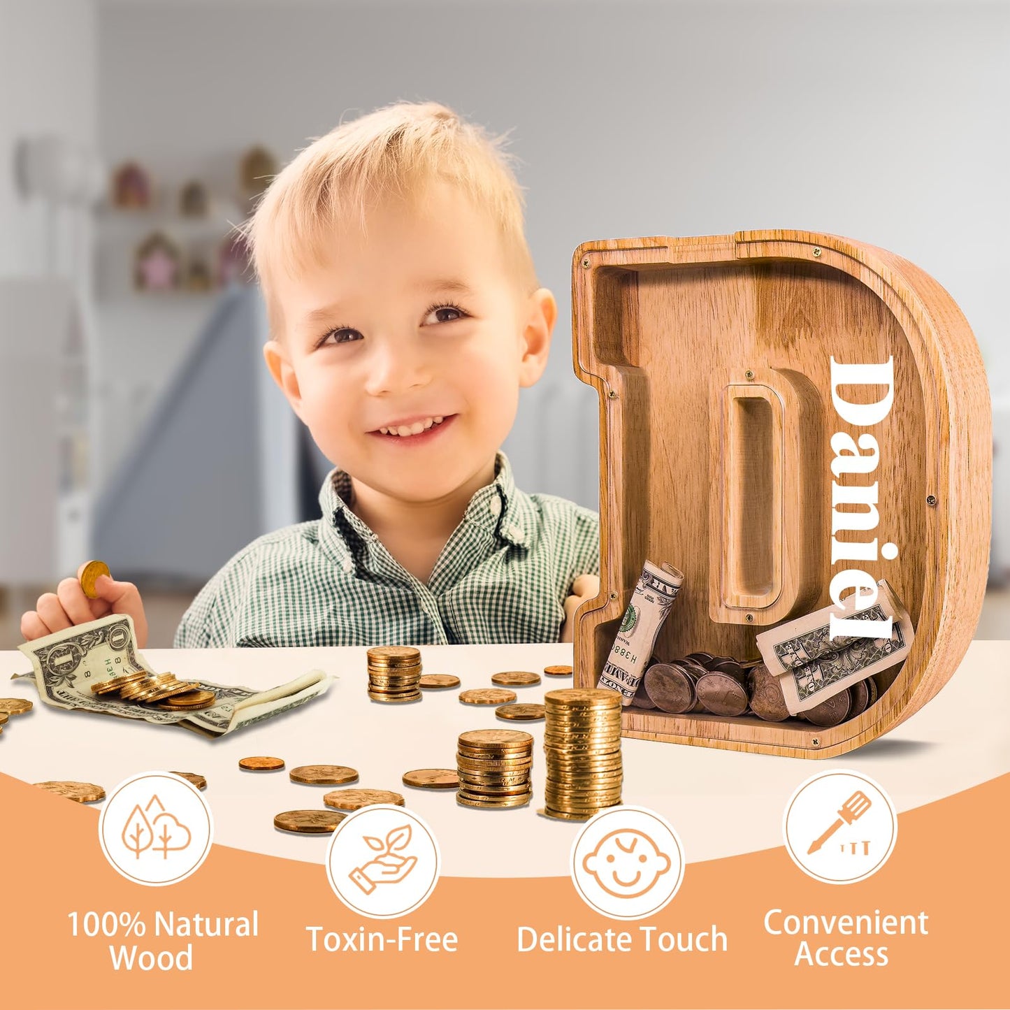 JOOMLAFLY Wooden Letter Piggy Bank – Large Initial Coin Bank for Kids, Personalized Gift