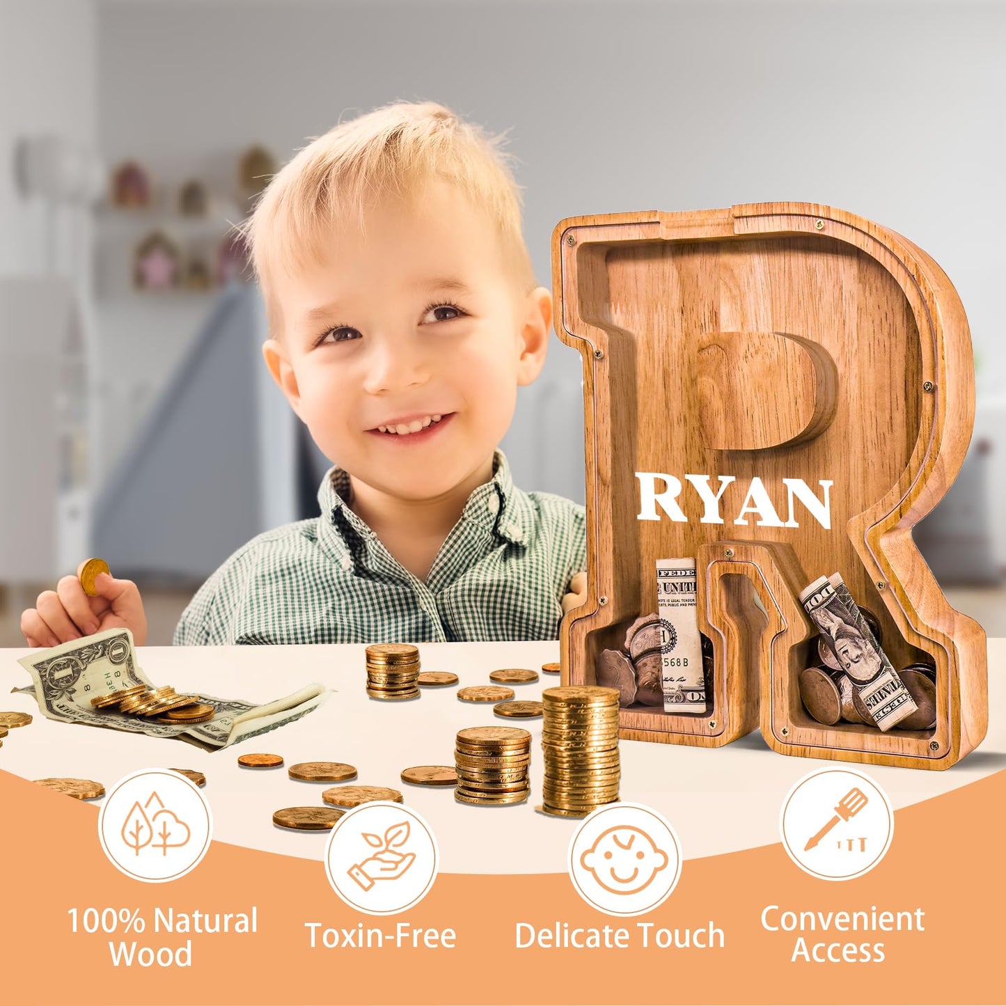 JOOMLAFLY Wooden Letter Piggy Bank – Large Personalized Initial Coin Bank for Kids