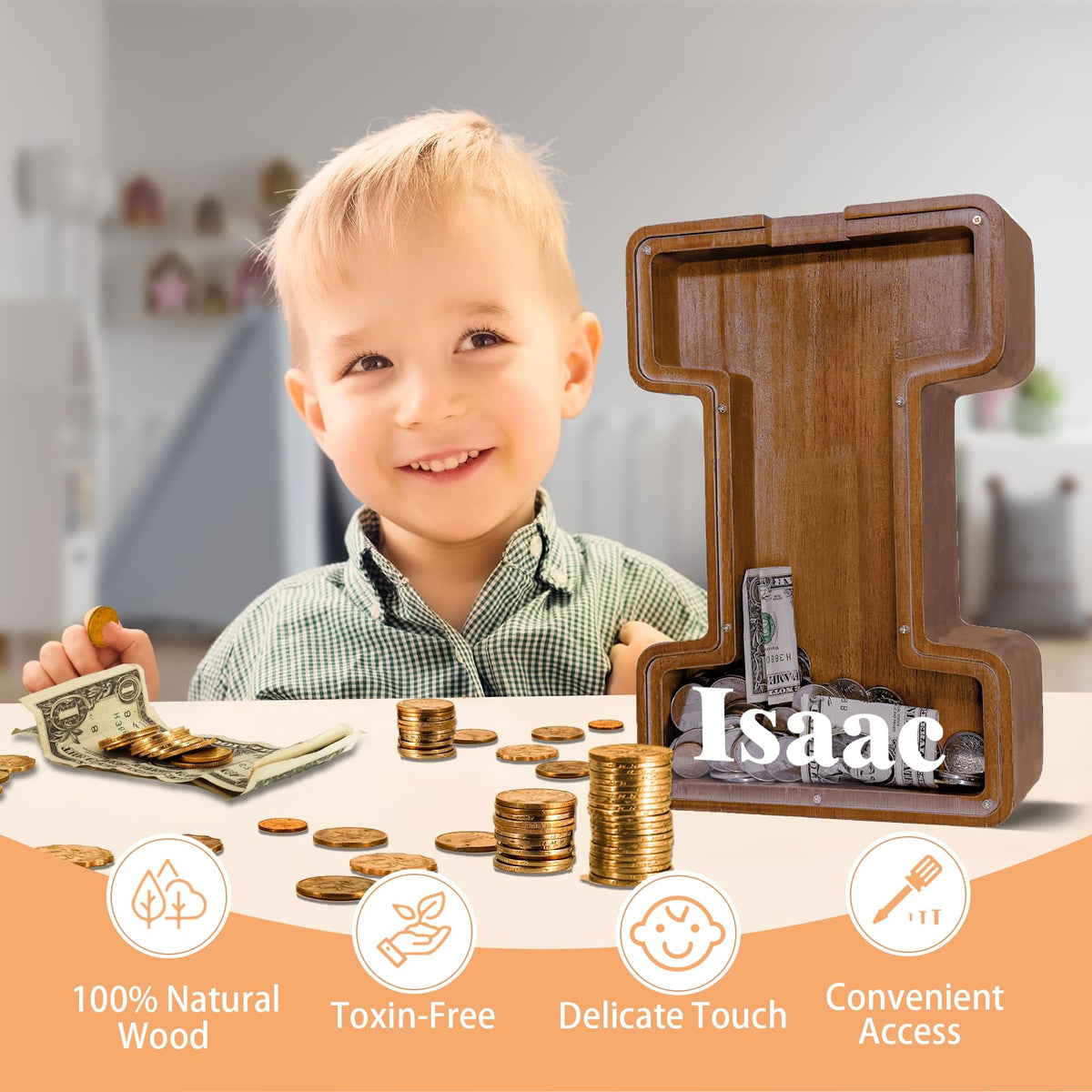 JOOMLAFLY Wooden Letter Piggy Bank — Large Initial Coin Bank for Kids