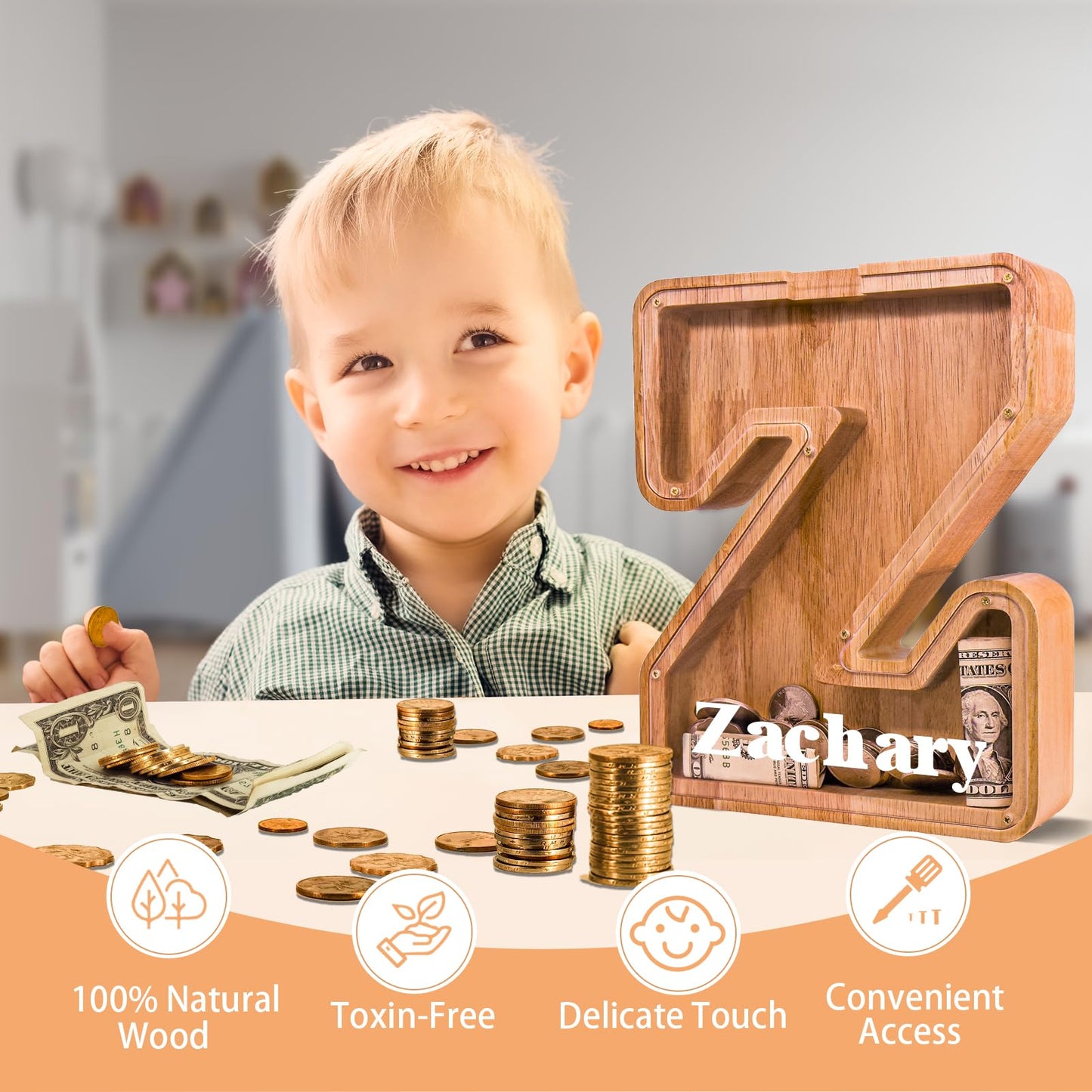 JOOMLAFLY Wooden Letter Piggy Bank — Large Initial Coin Bank for Kids, Personalized Gift