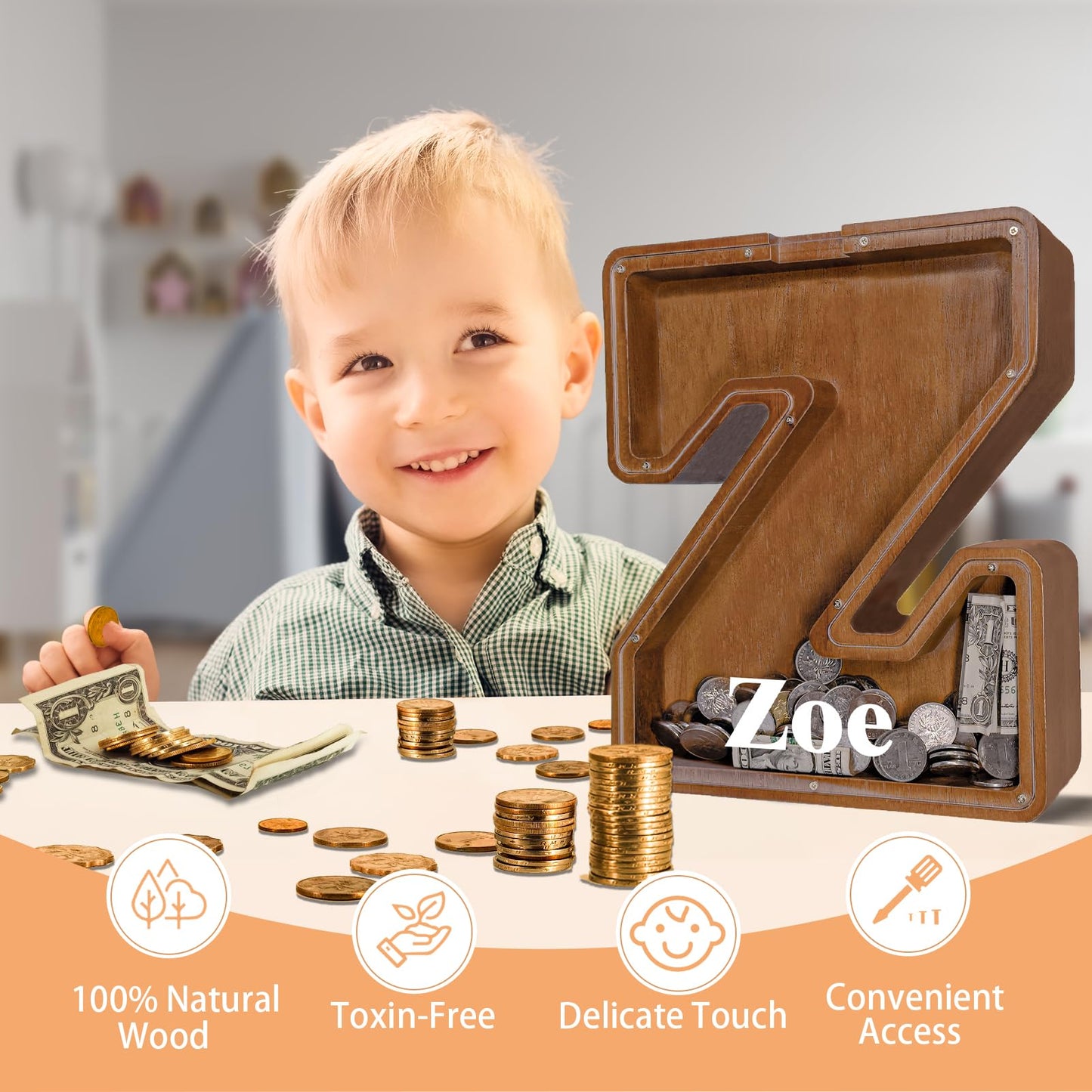 JOOMLAFLY Wooden Letter Piggy Bank for Kids — Personalizable 12-Inch Initial Coin Bank