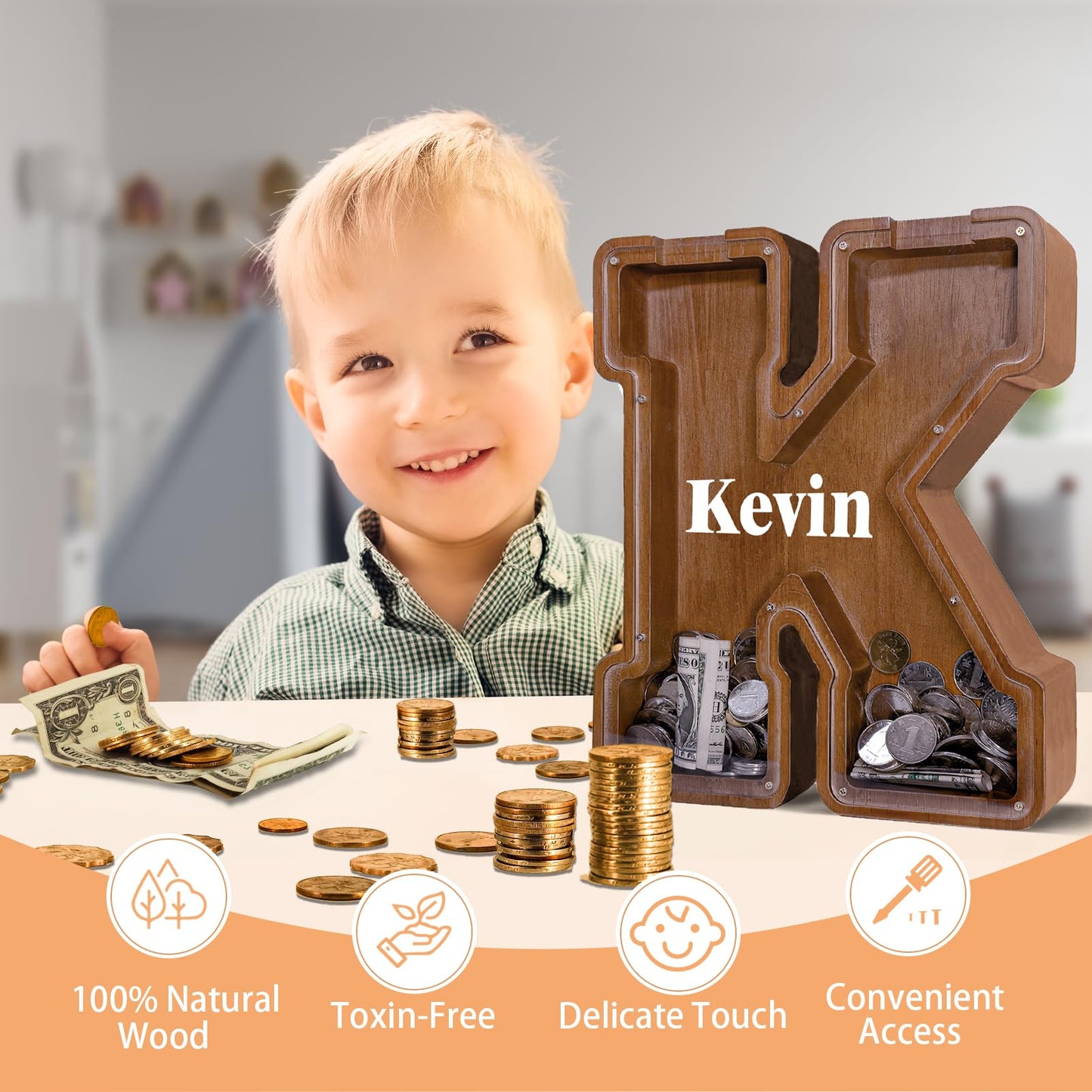 JOOMLAFLY Wooden Letter Piggy Bank – Personalized Initial Coin Bank for Kids