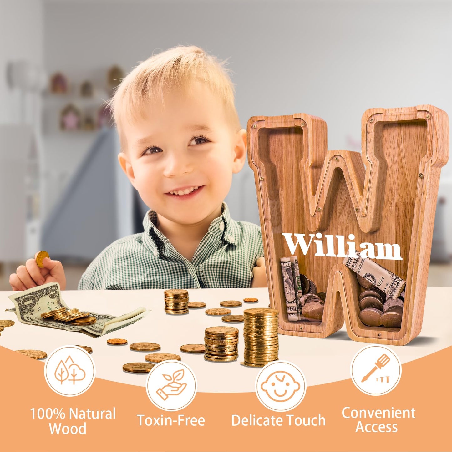 JOOMLAFLY Wooden Letter Piggy Bank – Personalized Initial Coin Bank for Kids