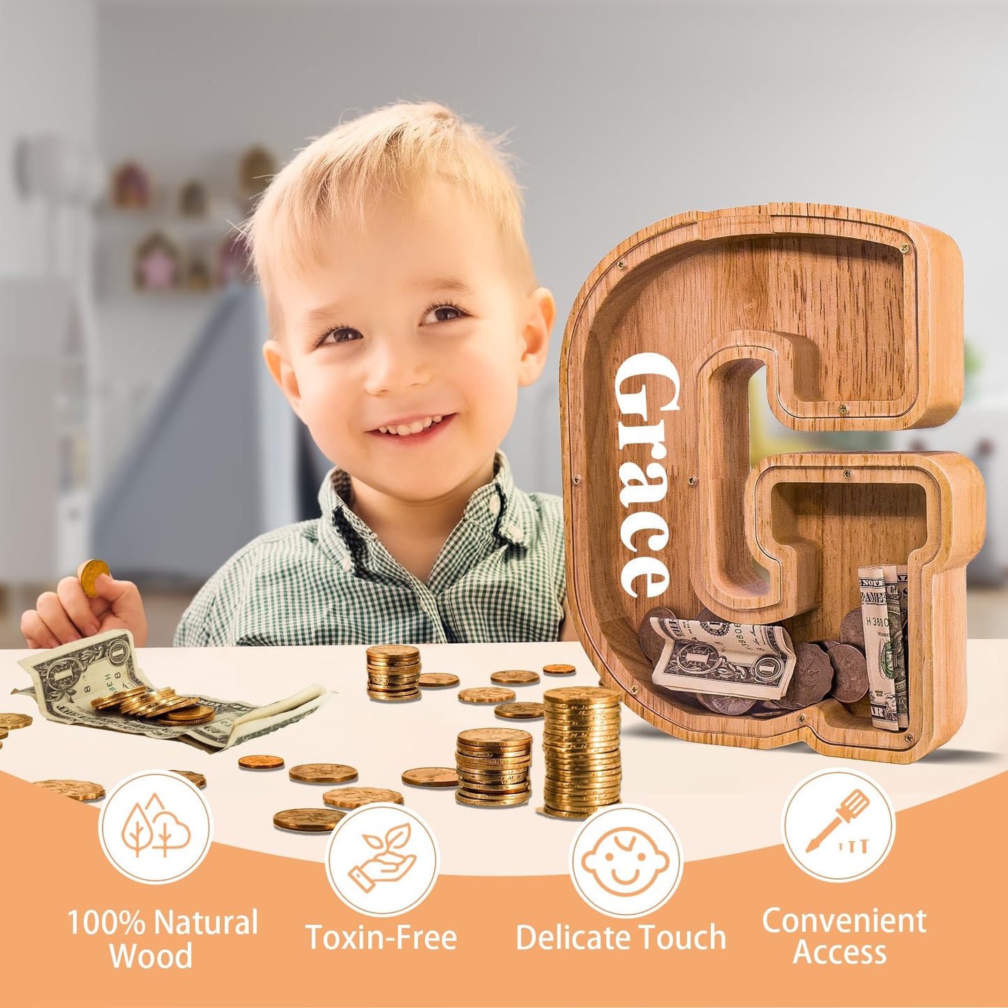 JOOMLAFLY Wooden Letter Piggy Bank – Personalized Initial Coin Bank for Kids
