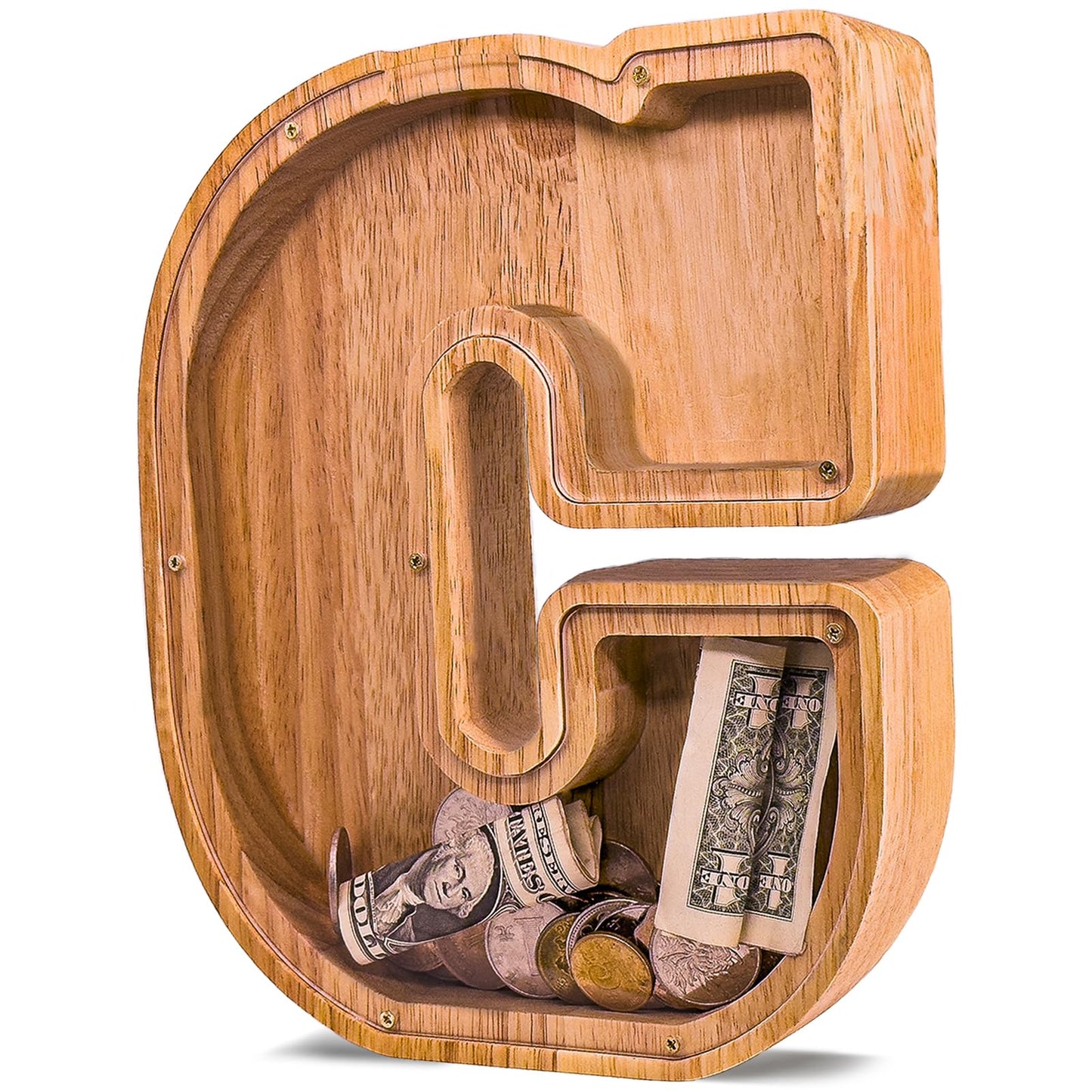 JOOMLAFLY Wooden Letter Piggy Bank — Large Initial Coin Bank for Kids, Personalized Gift