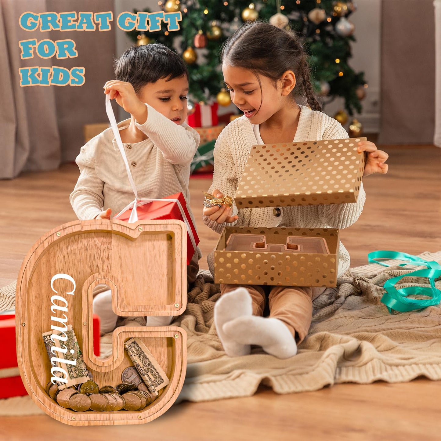 JOOMLAFLY Wooden Letter Piggy Bank — Large Initial Coin Bank for Kids, Personalized Gift
