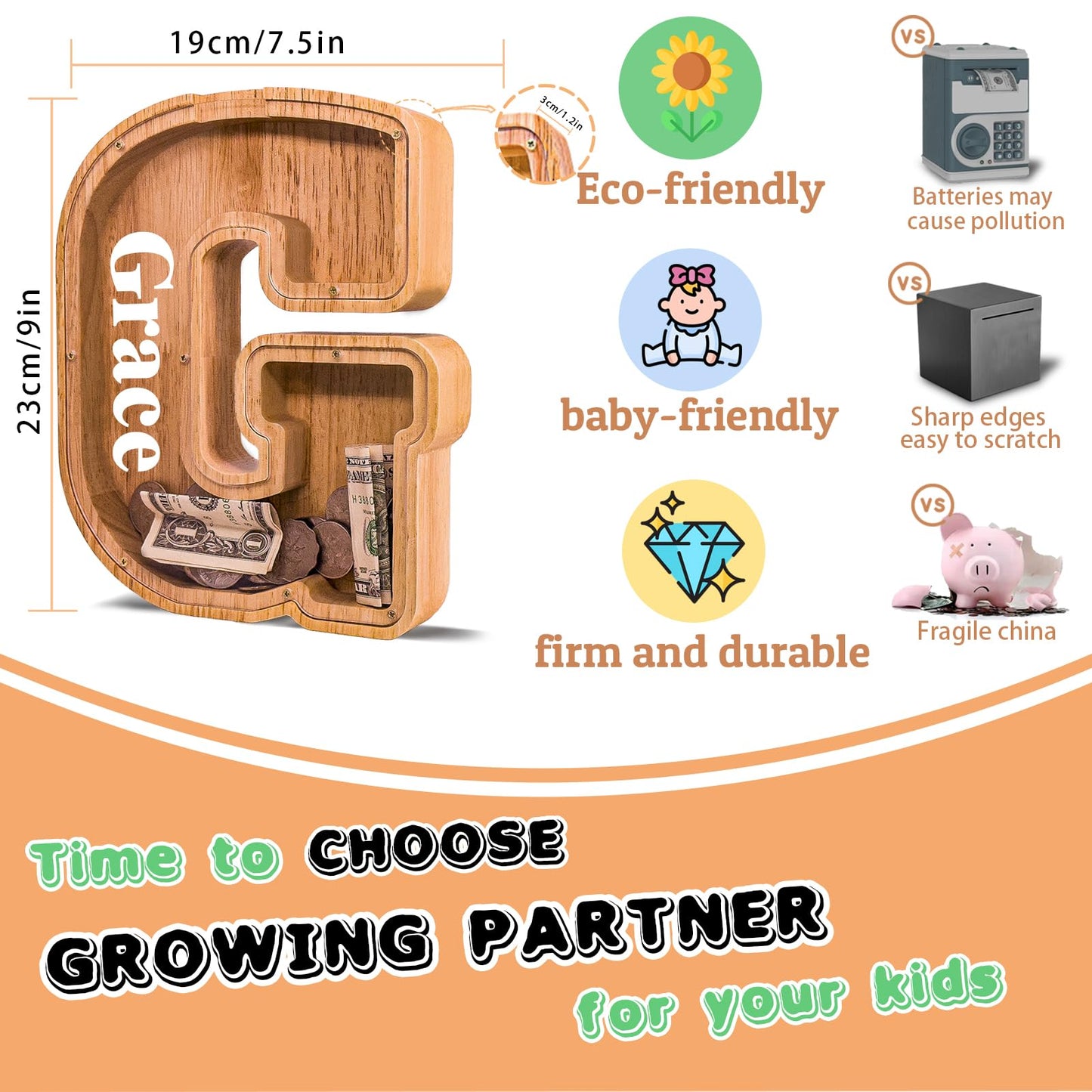 JOOMLAFLY Wooden Letter Piggy Bank – Personalized Initial Coin Bank for Kids