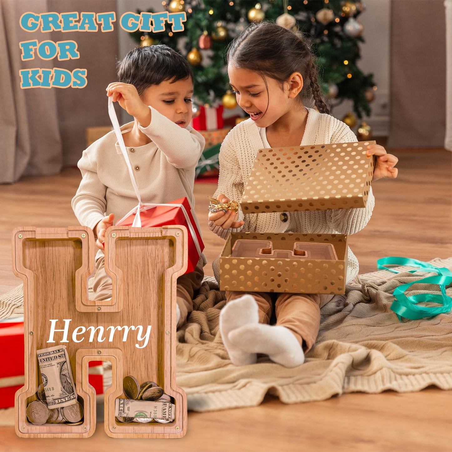 JOOMLAFLY Wooden Letter Piggy Bank – Large Personalized Initial Coin Bank for Kids