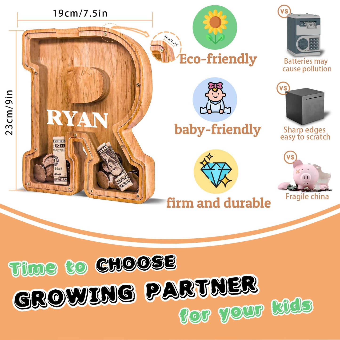JOOMLAFLY Wooden Letter Piggy Bank – Large Personalized Initial Coin Bank for Kids