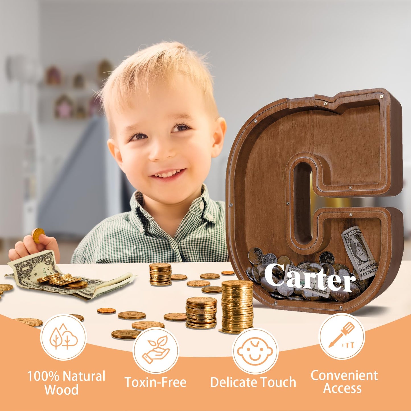 JOOMLAFLY Wooden Letter Piggy Bank for Kids | Large Initial Coin Bank & Personalized Gift