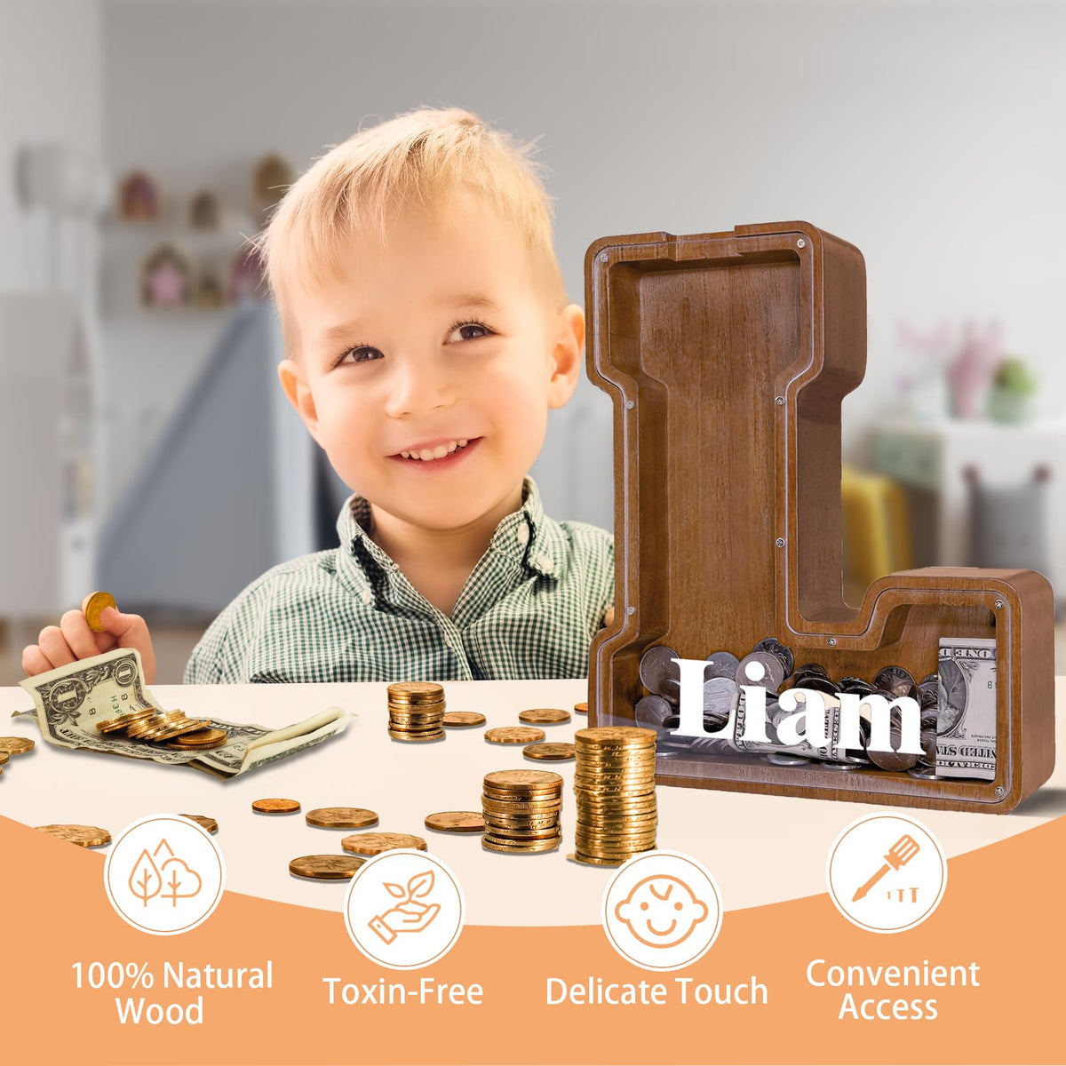 JOOMLAFLY Wooden Letter Piggy Bank for Kids – Personalized Initial Coin Bank & Decorative Storage