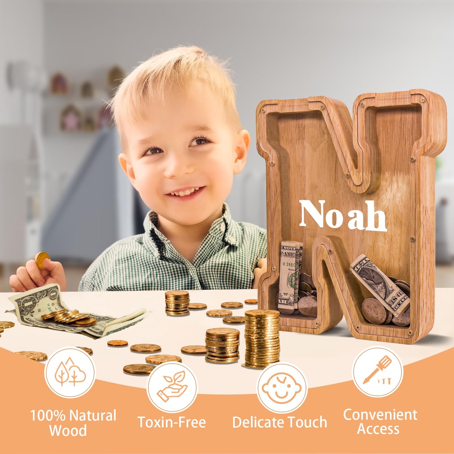 JOOMLAFLY Wooden Letter Piggy Bank for Kids — Large Initial Coin Bank in Eco Wood, Personalized Gift