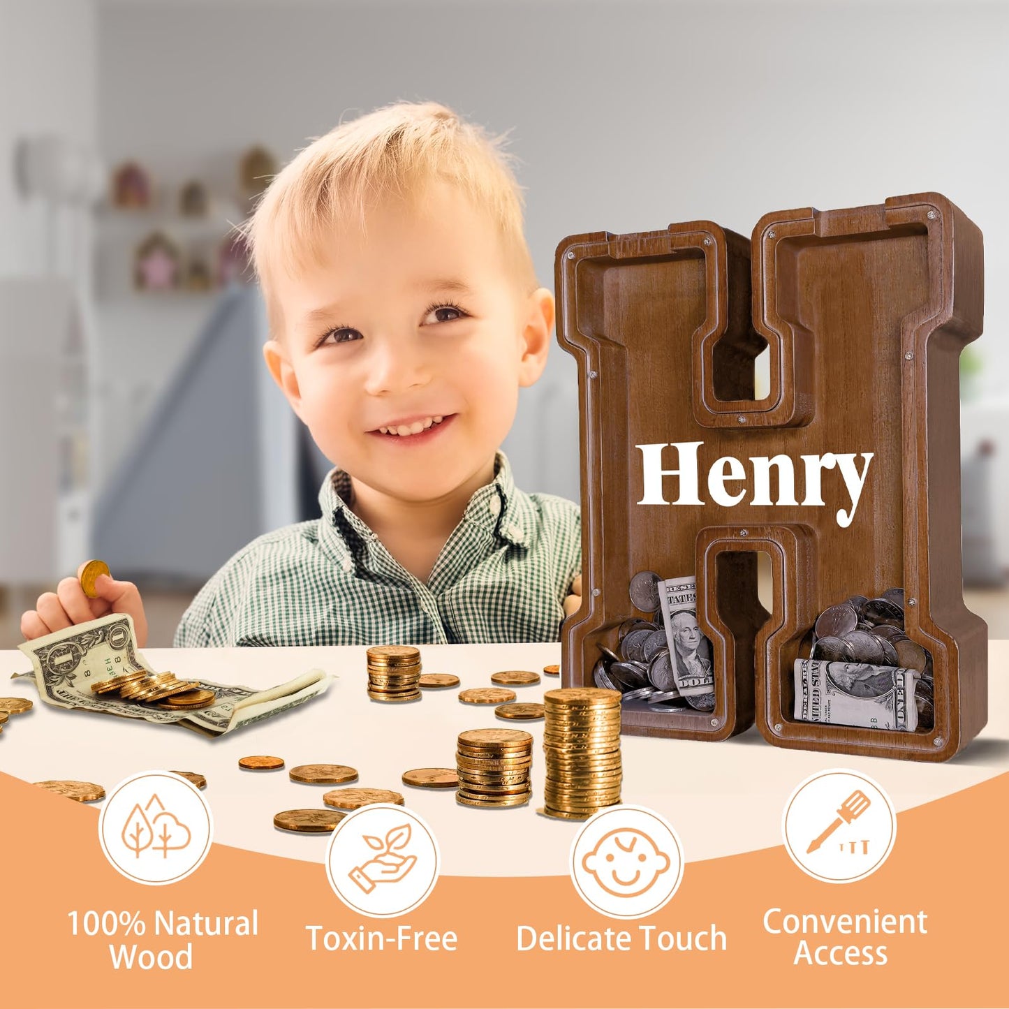 JOOMLAFLY Wooden Letter Piggy Bank – Large Initial Coin Bank for Kids